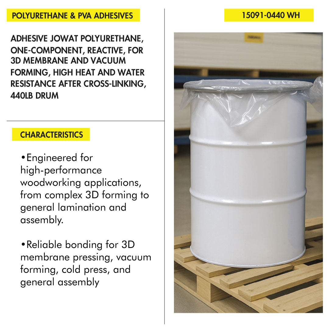ADHESIVE JOWAT POLYURETHANE ONE-COMPONENT REACTIVE FOR 3D MEMBRANE AND VACUUM FORMING HIGH HEAT AND WATER RESISTANCE AFTER CROSS-LINKING 440LB DRUM