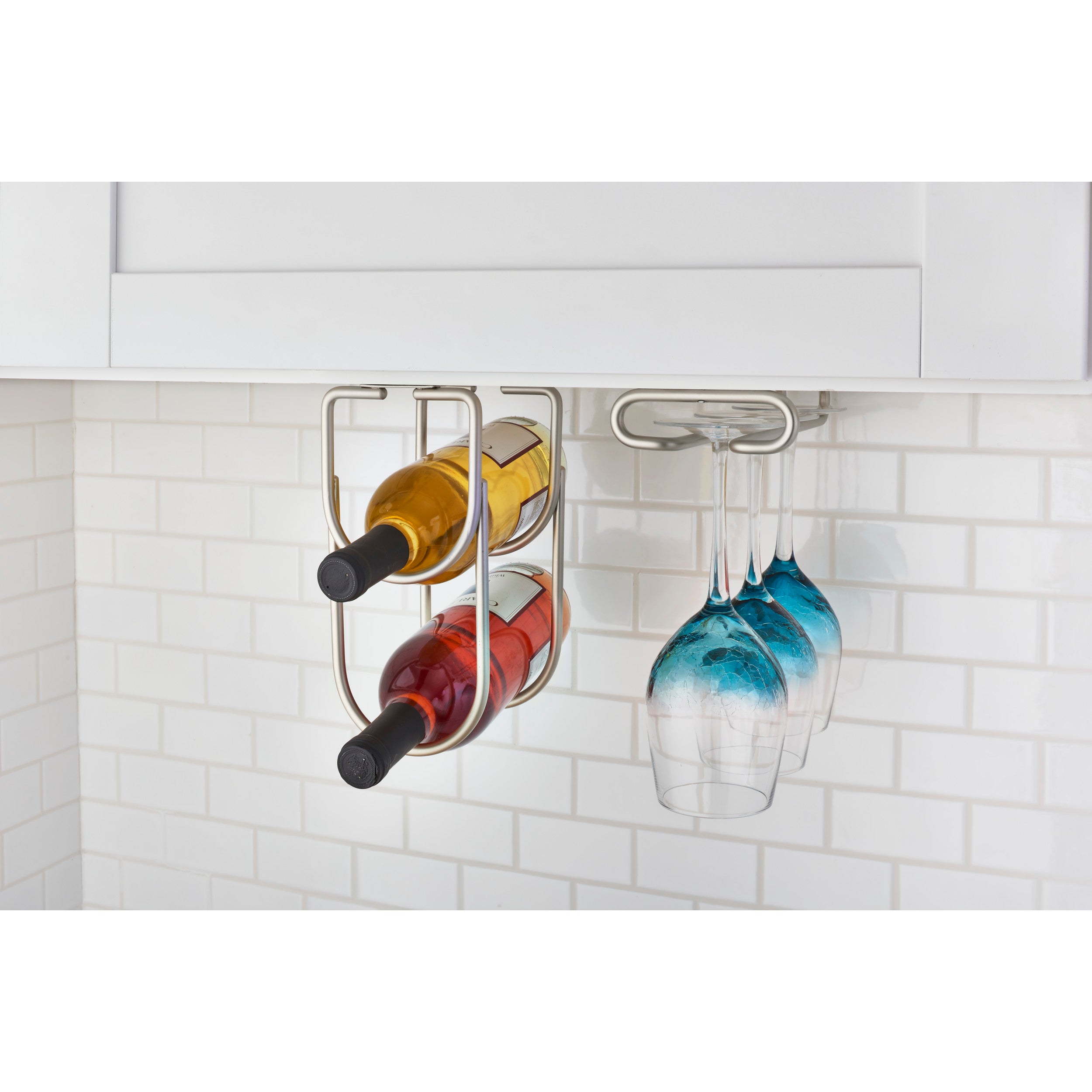Satin Nickel Under Cabinet Double Wine Bottle Holder Satin Nickel  4.25 in (108 mm) W x 9 in (229 mm) D x 9 in (229 mm) H