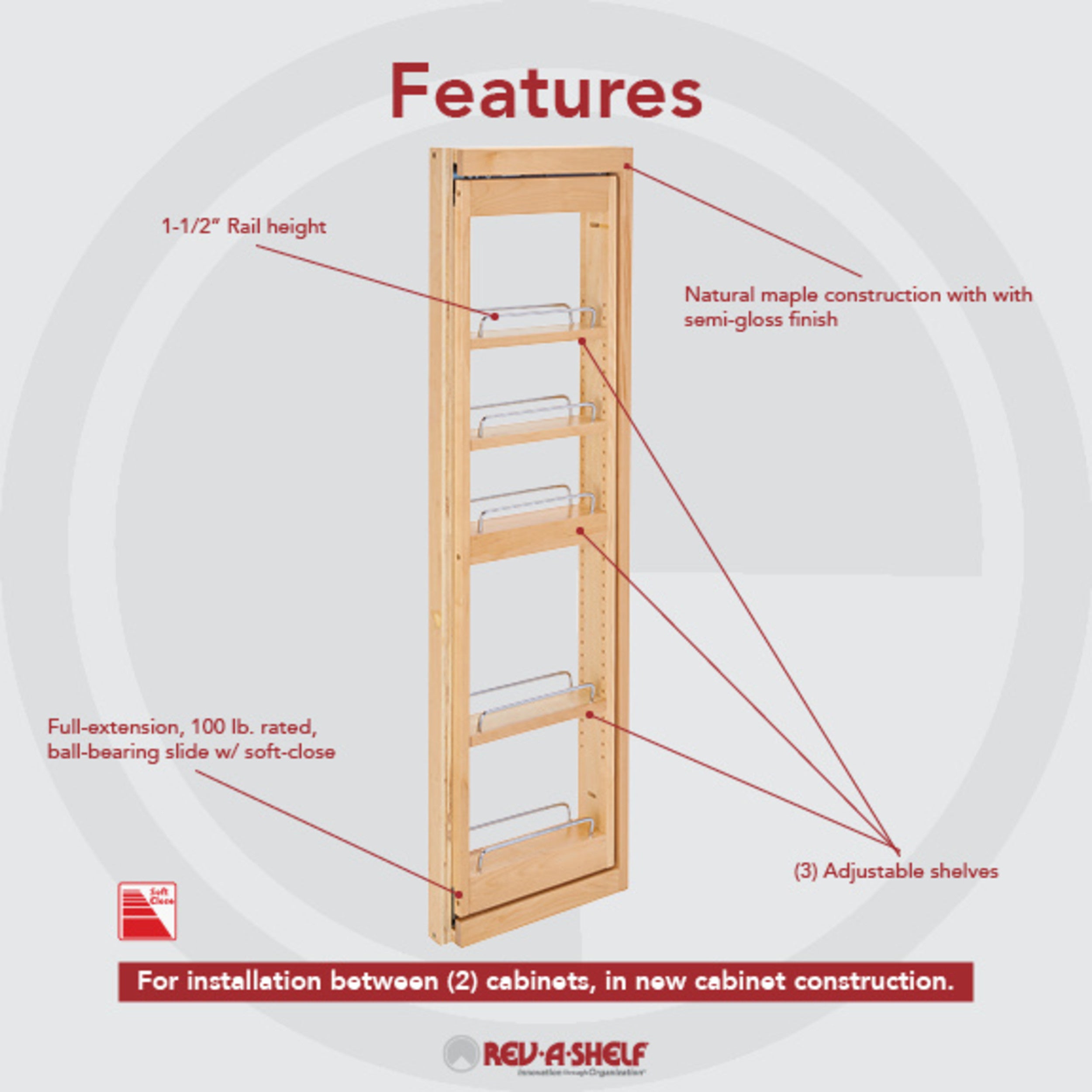 3 in. W x 42 in. H Pull-Out Between Cabinet Wall Filler w/Soft-Close Natural  3 in (76 mm) W x 11.13 in (283 mm) D x 42 in (1067 mm) H