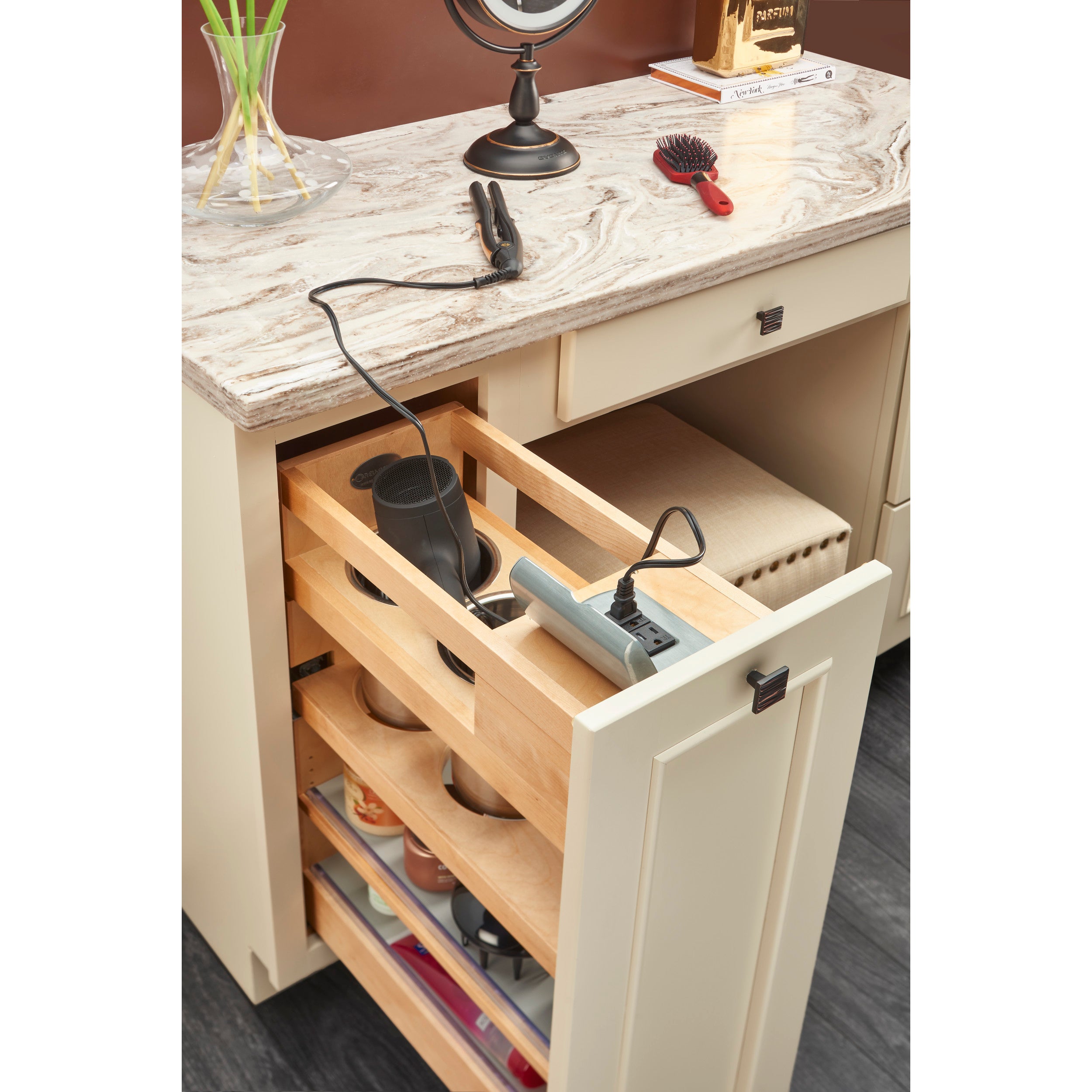 9 in Vanity Outlet Pull Out Grooming Organizer w/Soft-Close Natural  9.29 in (236 mm) W x 19.73 in (501 mm) D x 25.58 in (650 mm) H