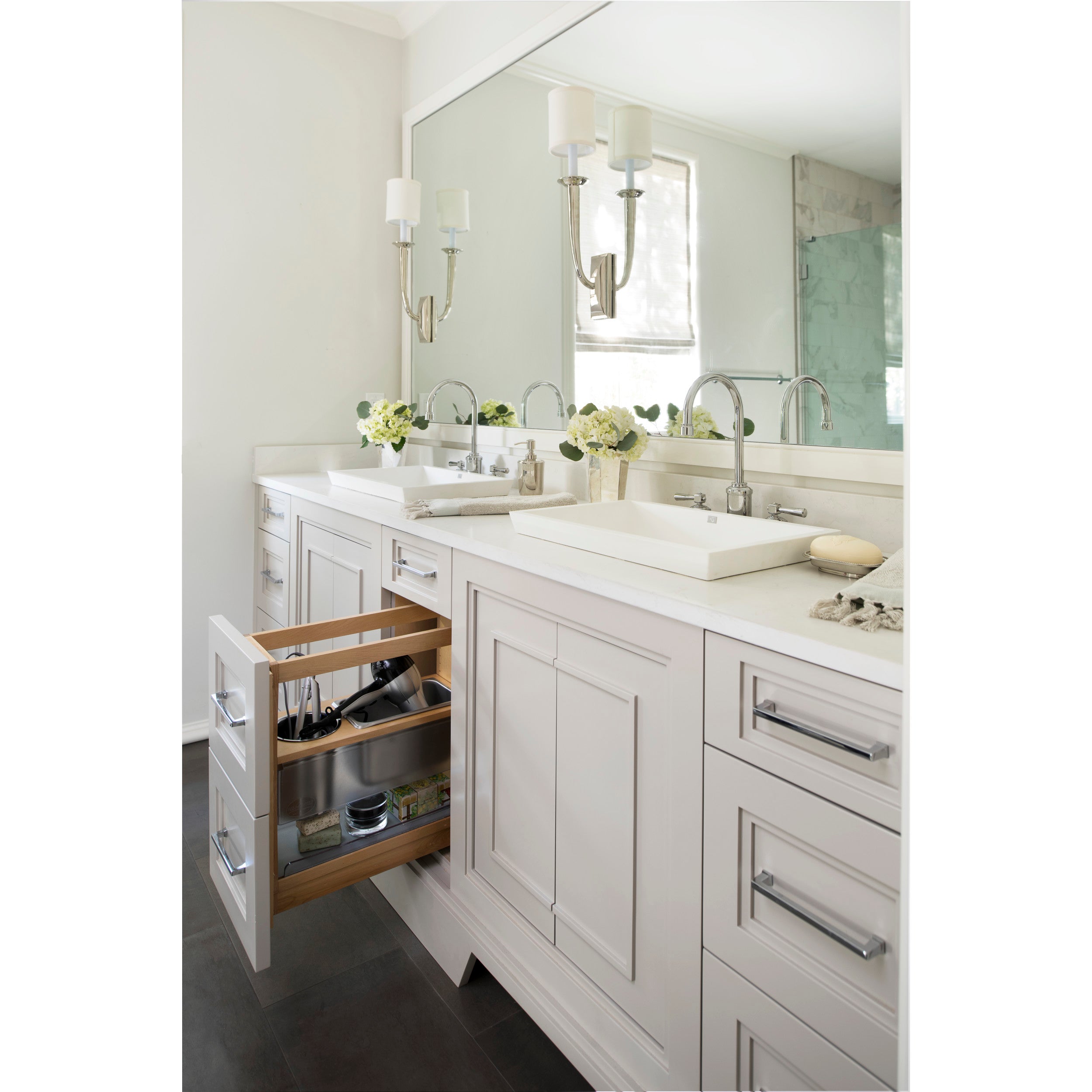 20 in x 8 in Vanity Grooming Organizer w/ Soft-Close Natural  8.44 in (214 mm) W x 19.56 in (497 mm) D x 20.38 in (518 mm) H