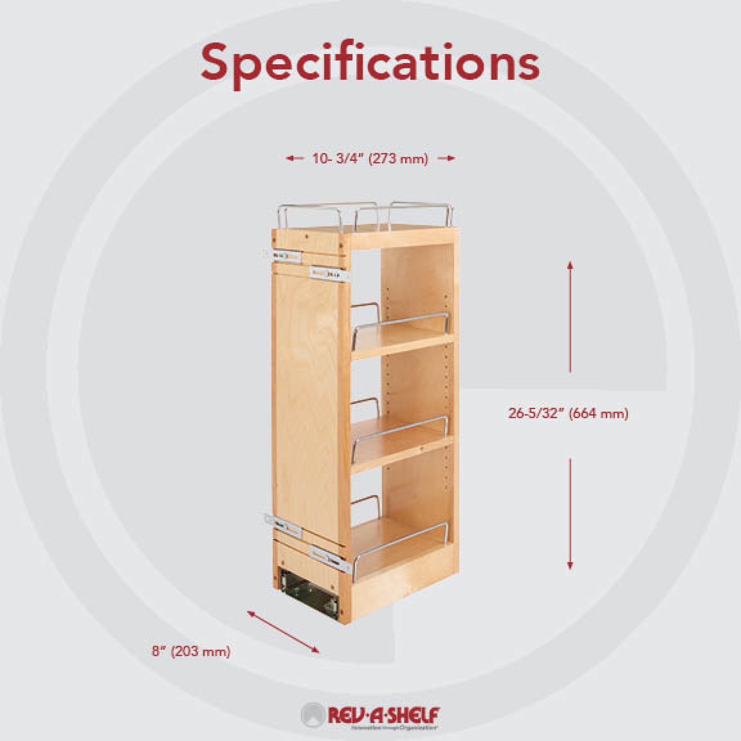 8 in Wood Pull Out Wall Organizer w/Soft Close Natural  8 in (203 mm) W x 10.75 in (273 mm) D x 26.15 in (664 mm) H