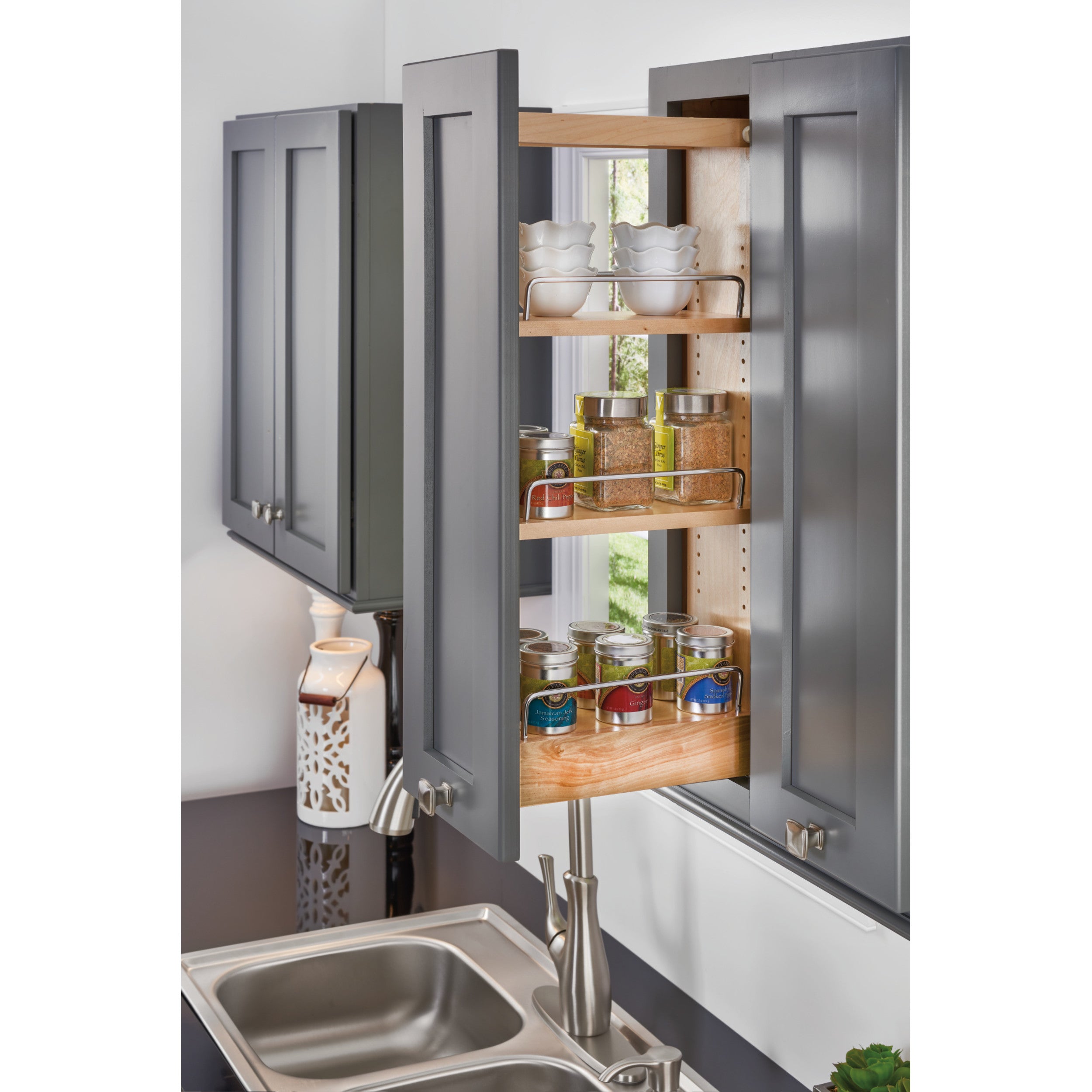 8 in Wood Pull Out Wall Organizer w/Soft Close Natural  8 in (203 mm) W x 10.75 in (273 mm) D x 26.15 in (664 mm) H