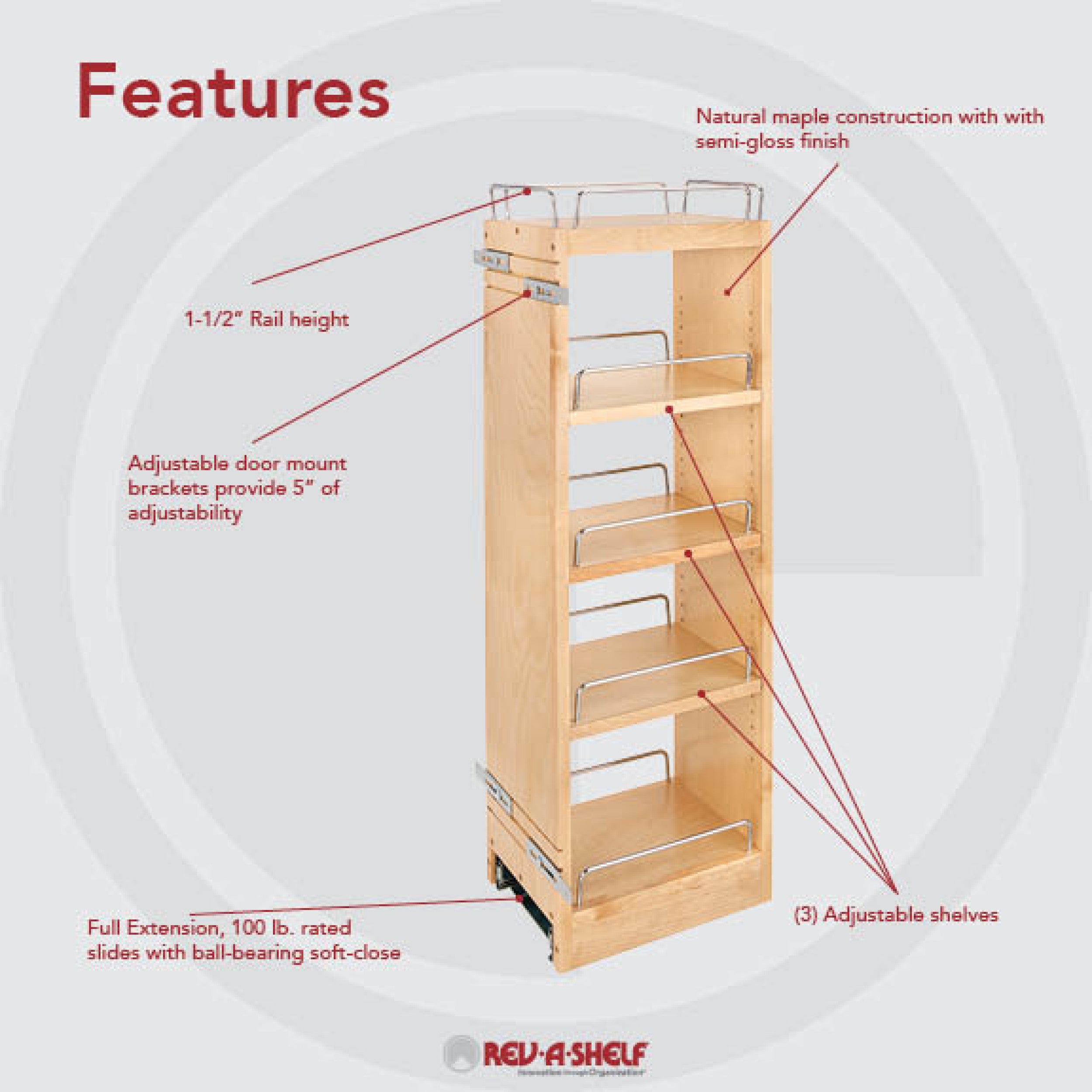 8 in x 36 in H Wood Pull Out Wall Organizer w/Soft Close Natural  8 in (203 mm) W x 10.75 in (273 mm) D x 32.15 in (817 mm) H