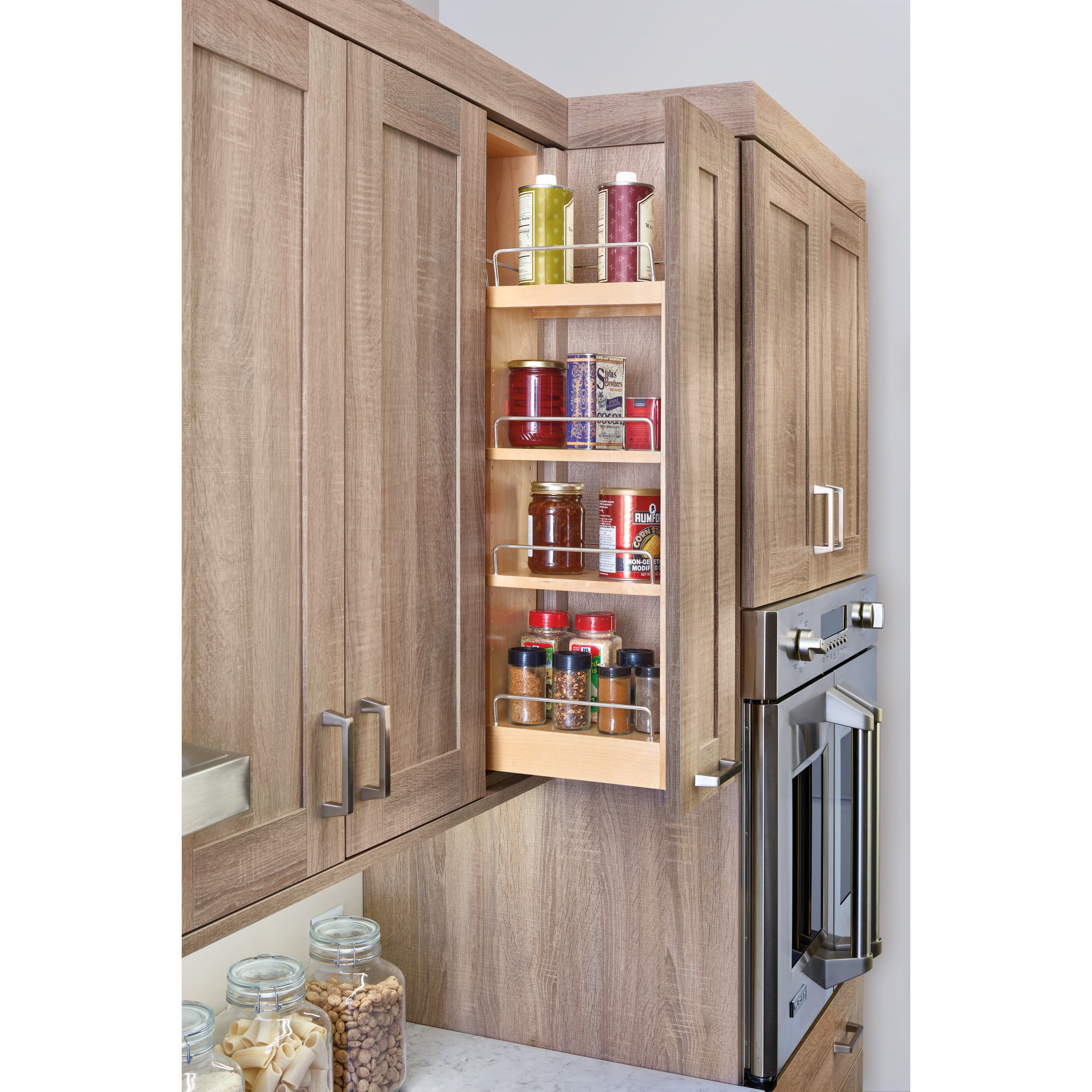 8 in x 36 in H Wood Pull Out Wall Organizer w/Soft Close Natural  8 in (203 mm) W x 10.75 in (273 mm) D x 32.15 in (817 mm) H