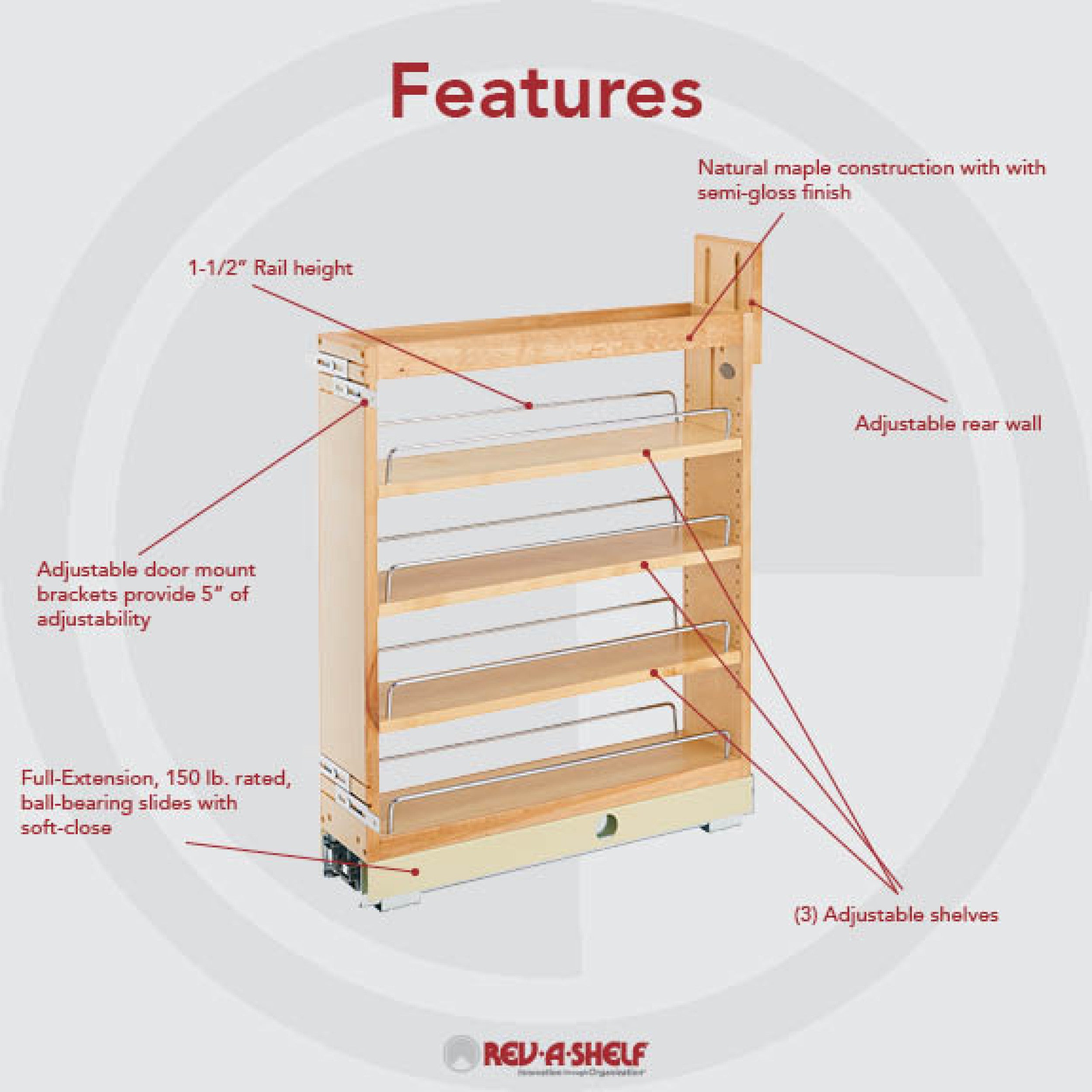 5 in Base Cabinet Organizer Soft-Close Natural  5 in (127 mm) W x 21.65 in (550 mm) D x 25.5 in (648 mm) H