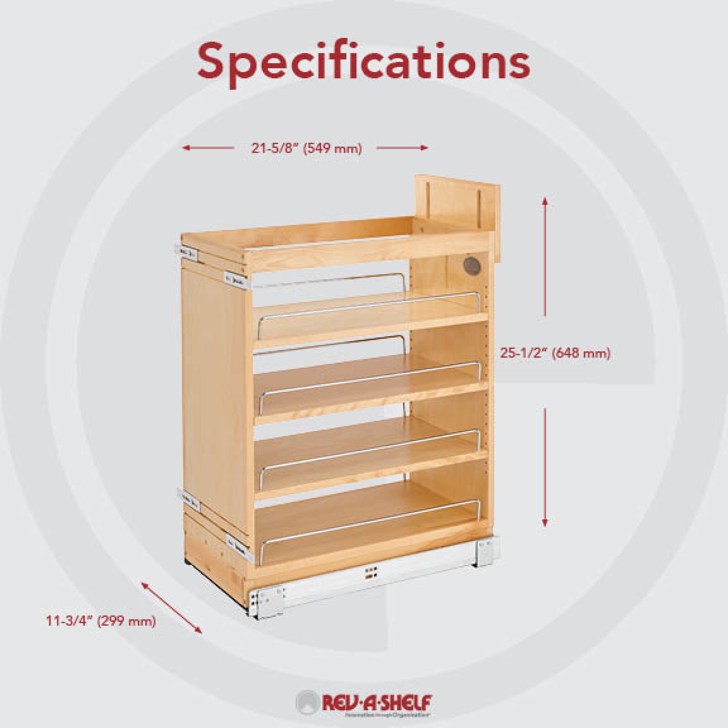 11 in Base Cabinet Organizer Soft-Close Natural  11.75 in (298 mm) W x 21.63 in (549 mm) D x 25.5 in (648 mm) H