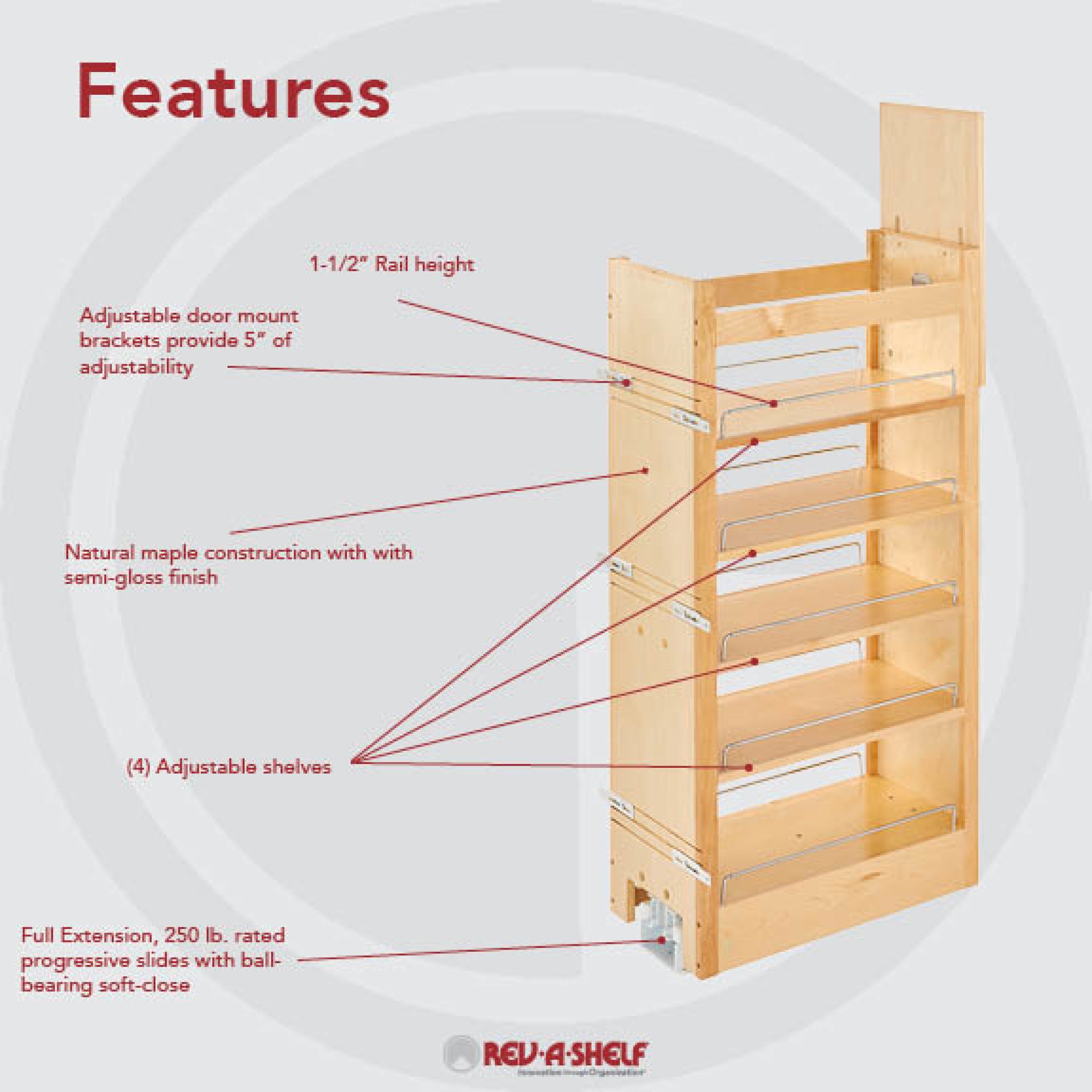 11 in W X 43 in H Wood Pantry Pullout Soft Close Natural  11 in (279 mm) W x 22 in (559 mm) D x 43.25 in (1099 mm) H
