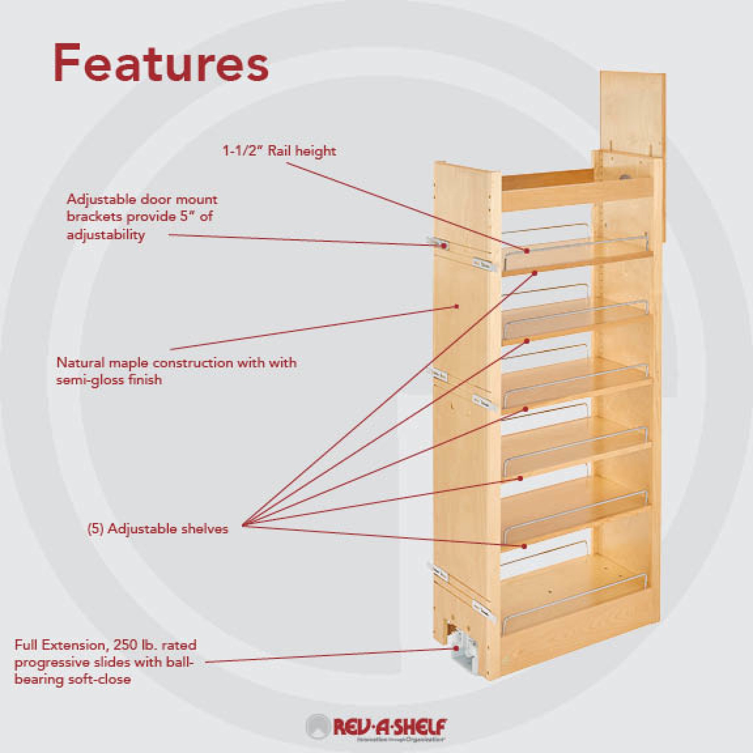 11 in W x 51 in H Wood Pantry Pullout Soft Close Natural  11 in (279 mm) W x 22 in (559 mm) D x 50.75 in (1289 mm) H