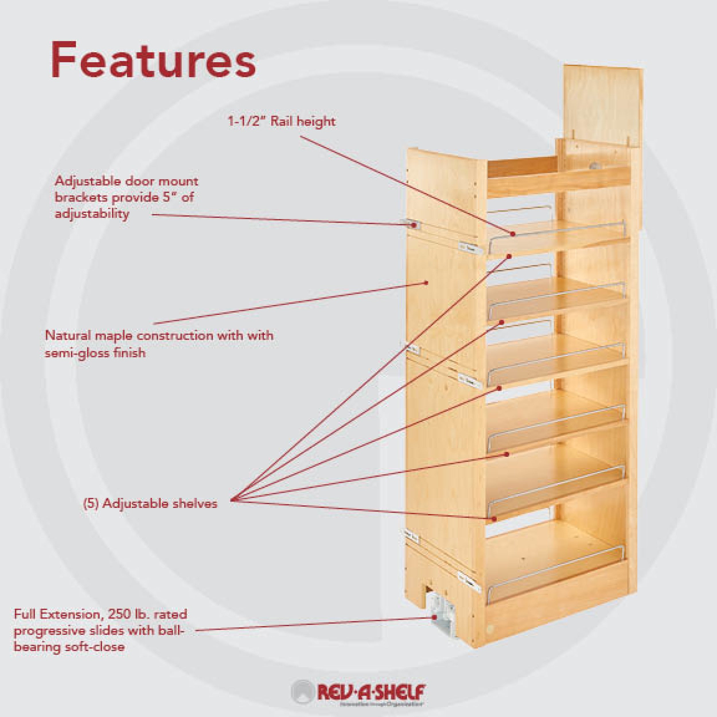 14 in W X 51 in H Wood Pantry Pullout Soft Close Natural  14 in (356 mm) W x 22 in (559 mm) D x 50.75 in (1289 mm) H