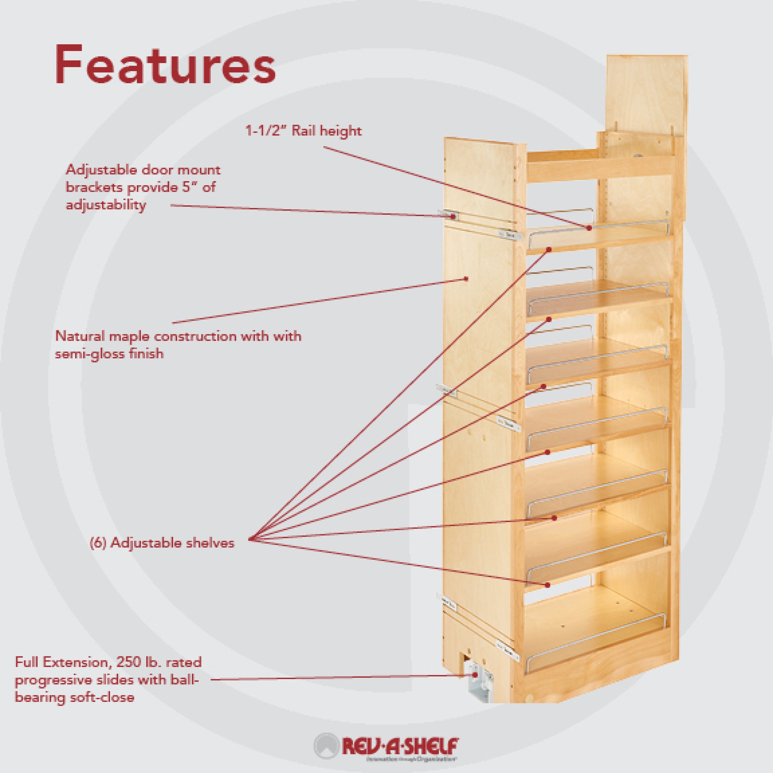 14 in W x 58 in H Wood Pantry Pullout Soft Close Natural  14 in (356 mm) W x 22 in (559 mm) D x 58.25 in (1480 mm) H