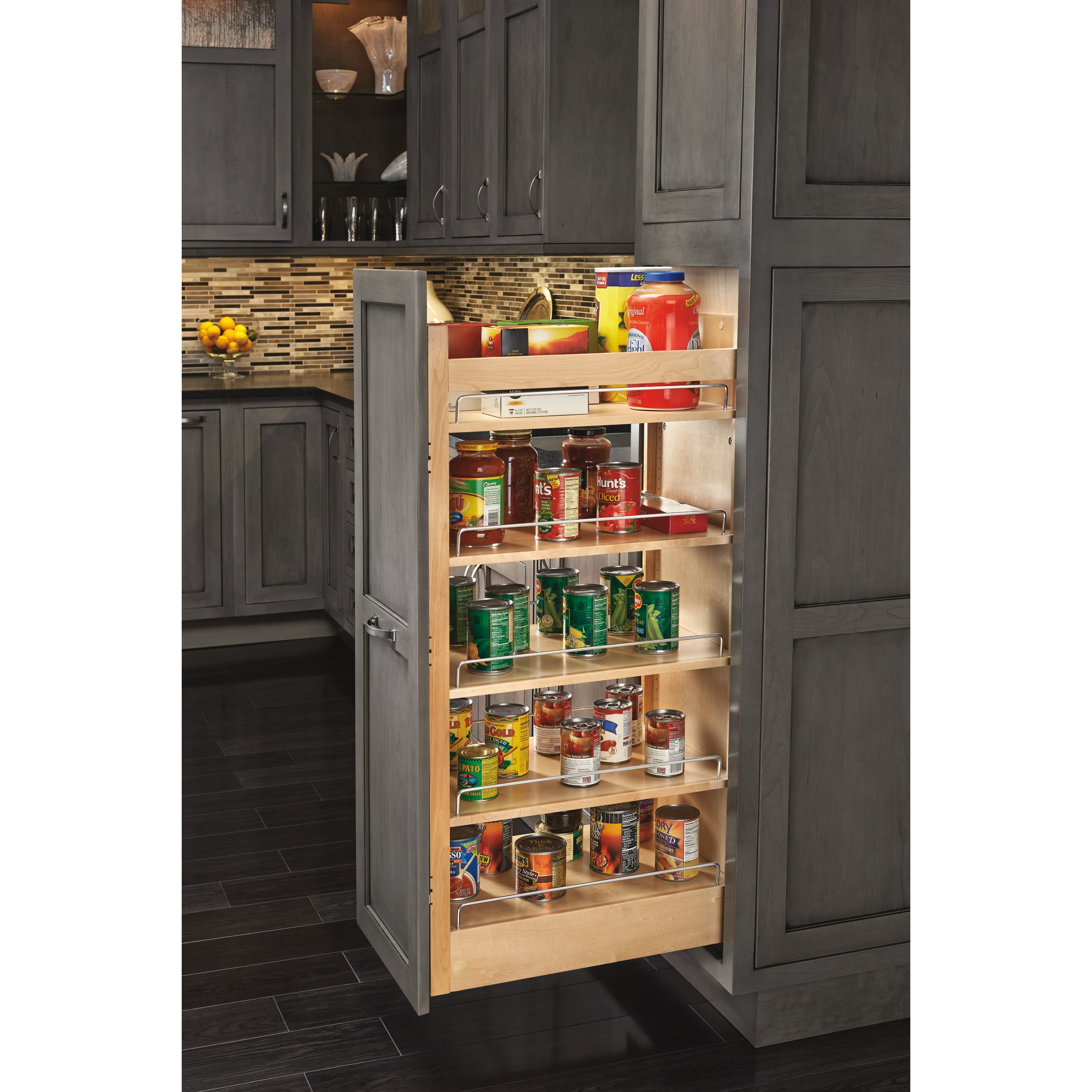 14 in W x 58 in H Wood Pantry Pullout Soft Close Natural  14 in (356 mm) W x 22 in (559 mm) D x 58.25 in (1480 mm) H