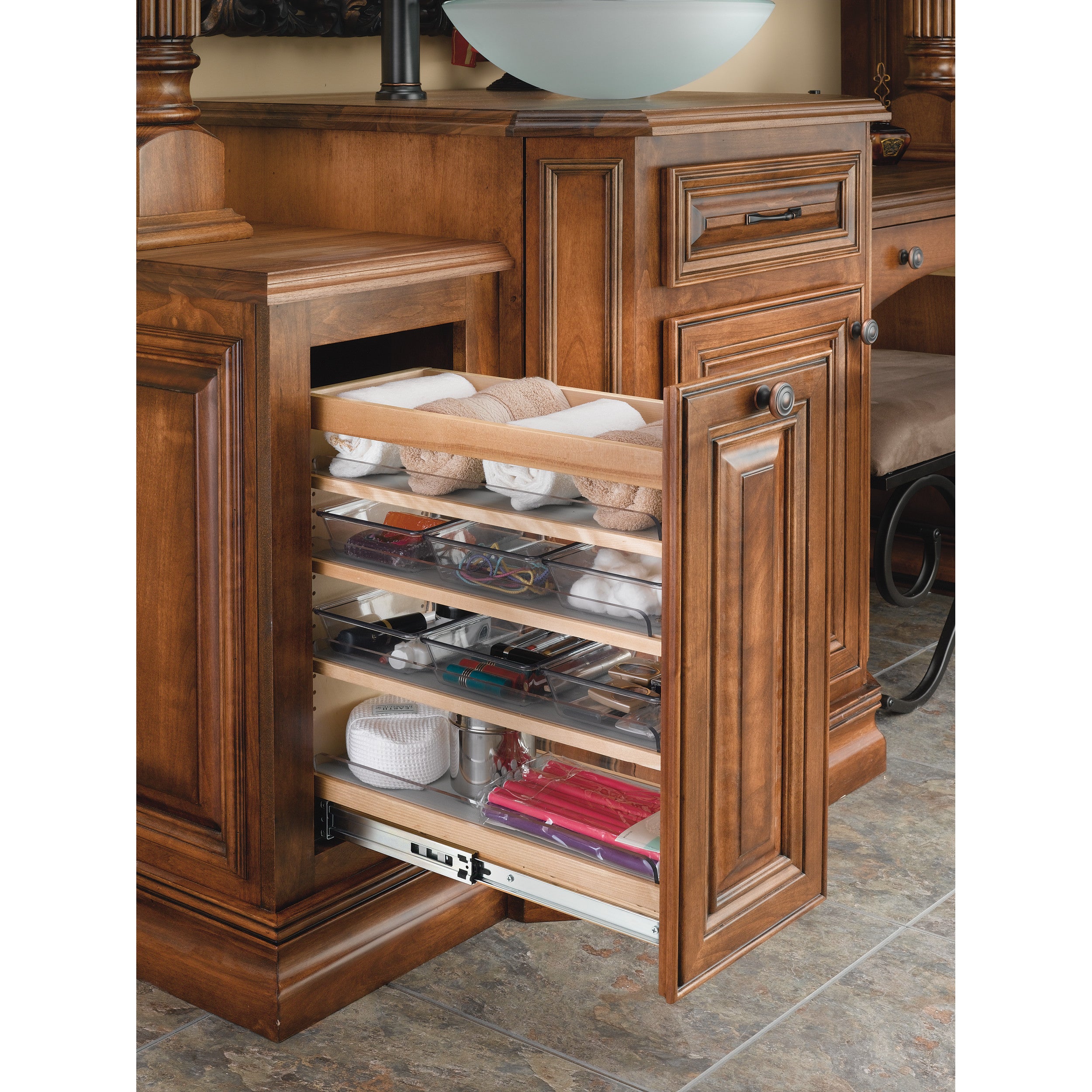 8 in W X 20 in H Wood Vanity Base Organizer w/Soft-Close Natural  8.44 in (214 mm) W x 19.56 in (497 mm) D x 20.38 in (518 mm) H
