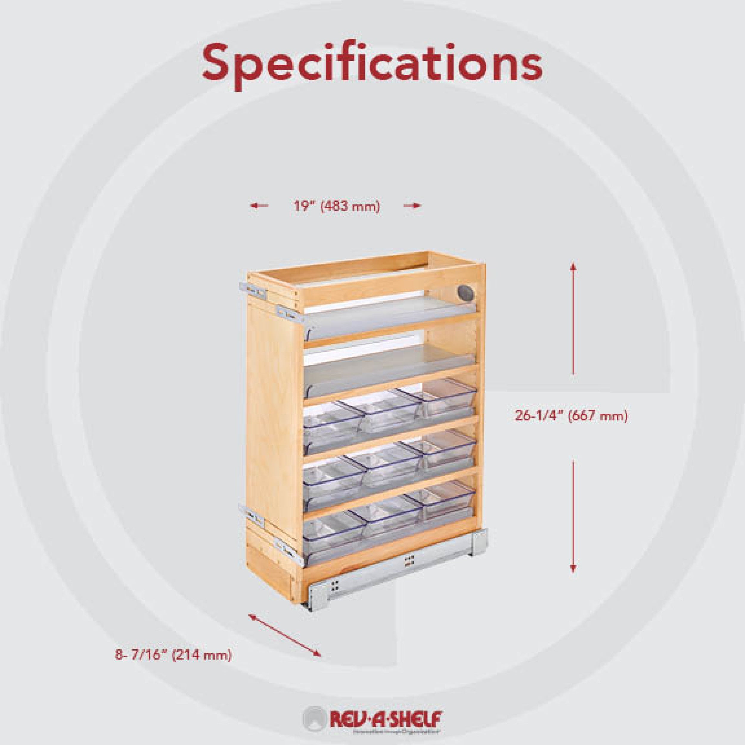 8 in W X 25 in H Wood Vanity Base Organizer w/Soft-Close Natural  8.44 in (214 mm) W x 19 in (483 mm) D x 25.56 in (649 mm) H