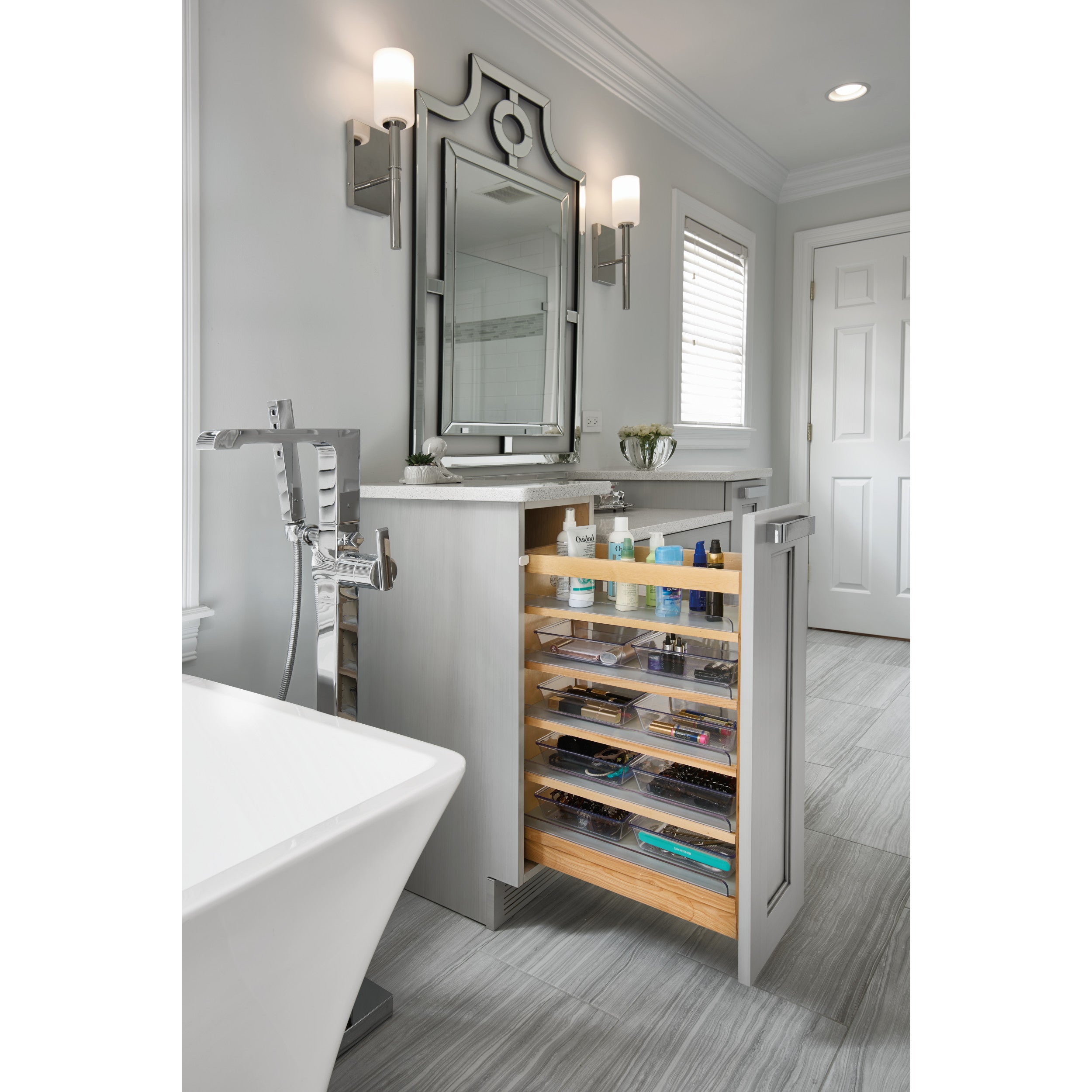 8 in W X 25 in H Wood Vanity Base Organizer w/Soft-Close Natural  8.44 in (214 mm) W x 19 in (483 mm) D x 25.56 in (649 mm) H