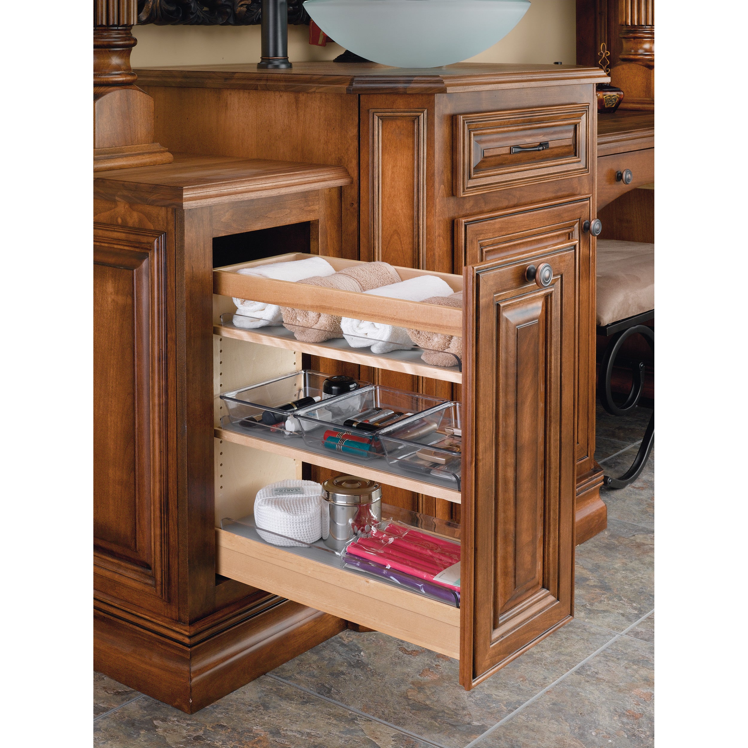 8 in W X 25 in H Wood Vanity Base Organizer w/Soft-Close Natural  8.44 in (214 mm) W x 19 in (483 mm) D x 25.56 in (649 mm) H