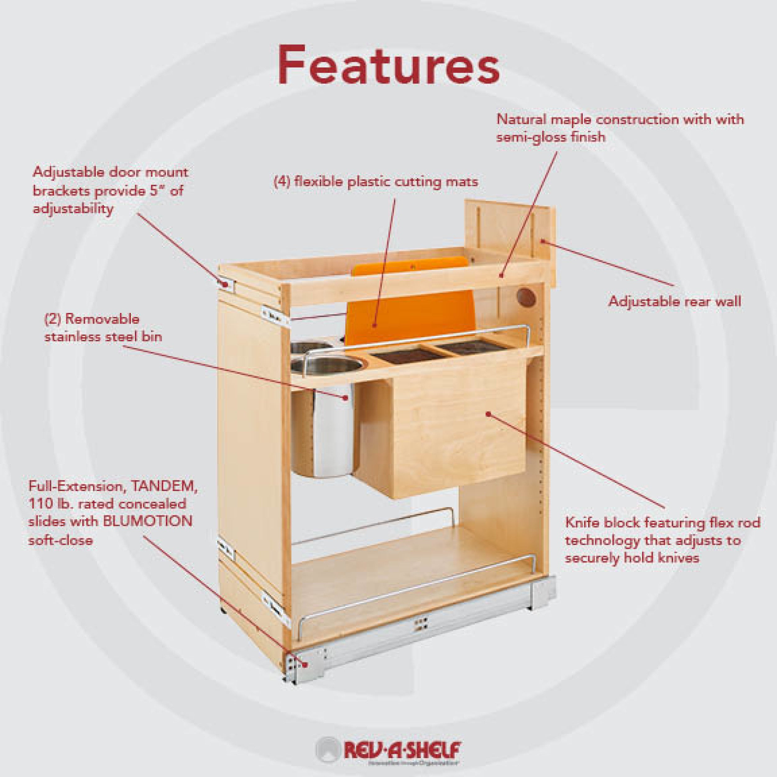 11 in Base Cabinet Organizer w/ Knife Block w/Soft-Close Natural  11.75 in (298 mm) W x 21.63 in (549 mm) D x 25.5 in (648 mm) H