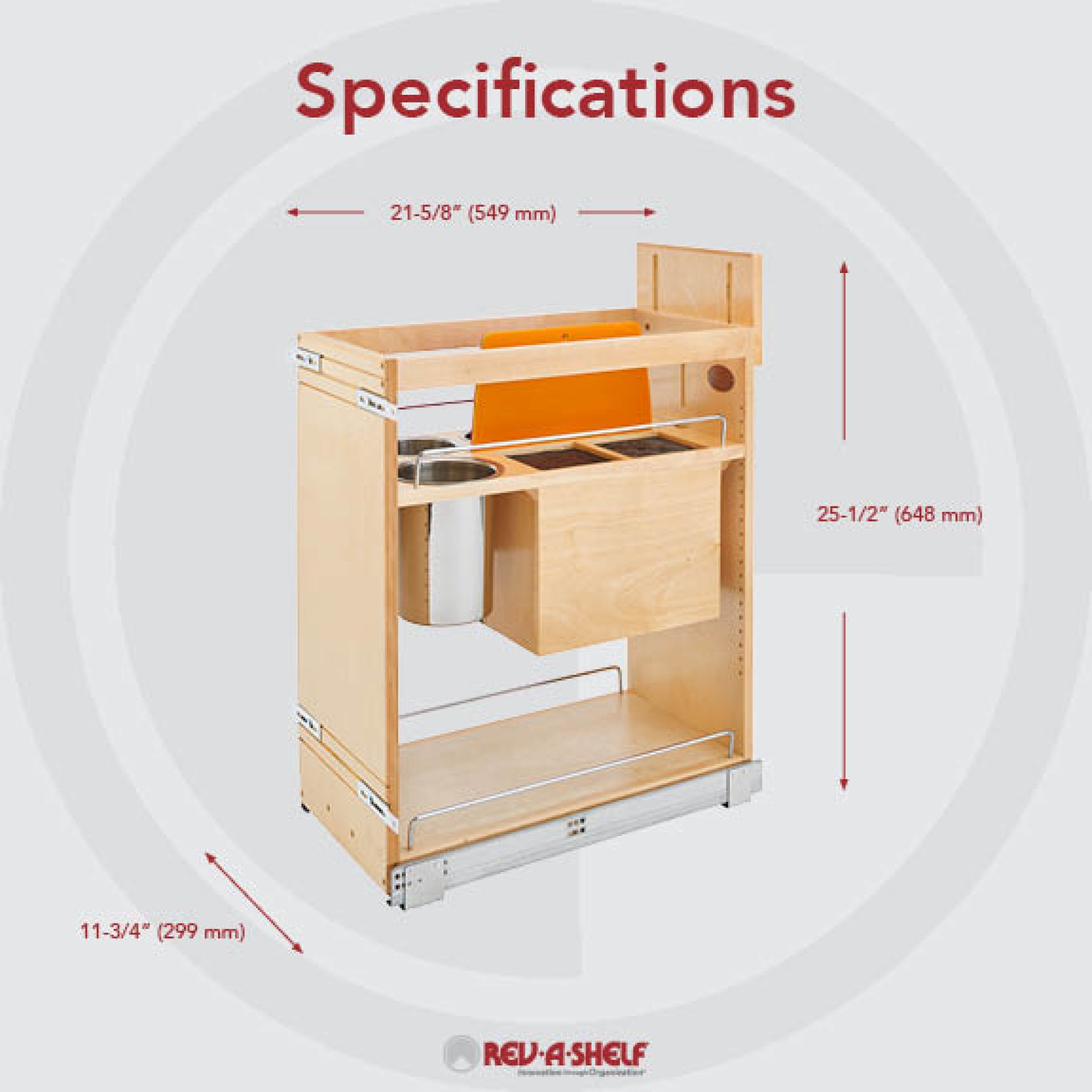 11 in Base Cabinet Organizer w/ Knife Block w/Soft-Close Natural  11.75 in (298 mm) W x 21.63 in (549 mm) D x 25.5 in (648 mm) H