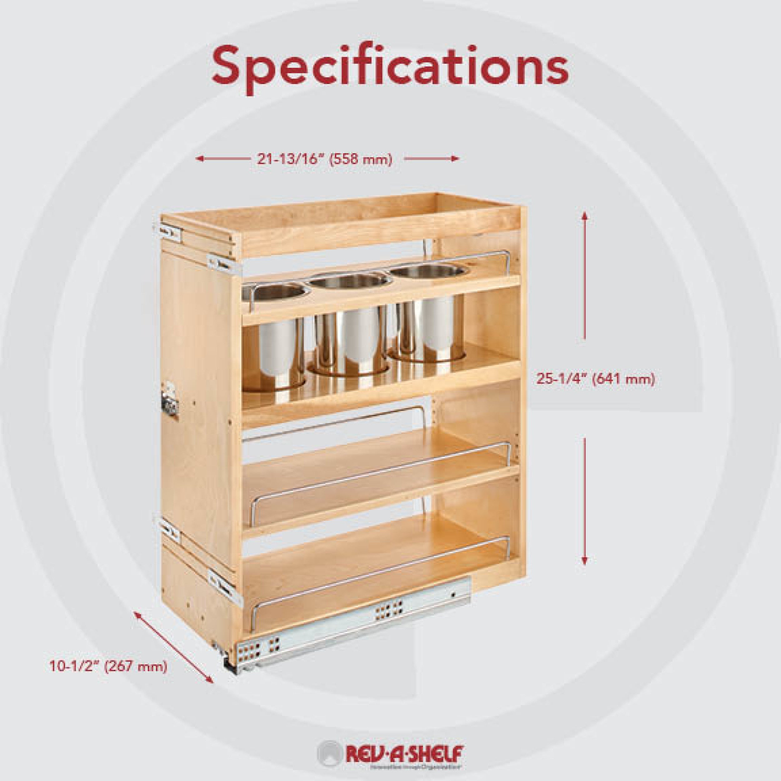 10.5 in Base Cabinet Organizer w/ 3 Utensil Bins Natural  10.5 in (267 mm) W x 21.81 in (554 mm) D x 25.25 in (641 mm) H
