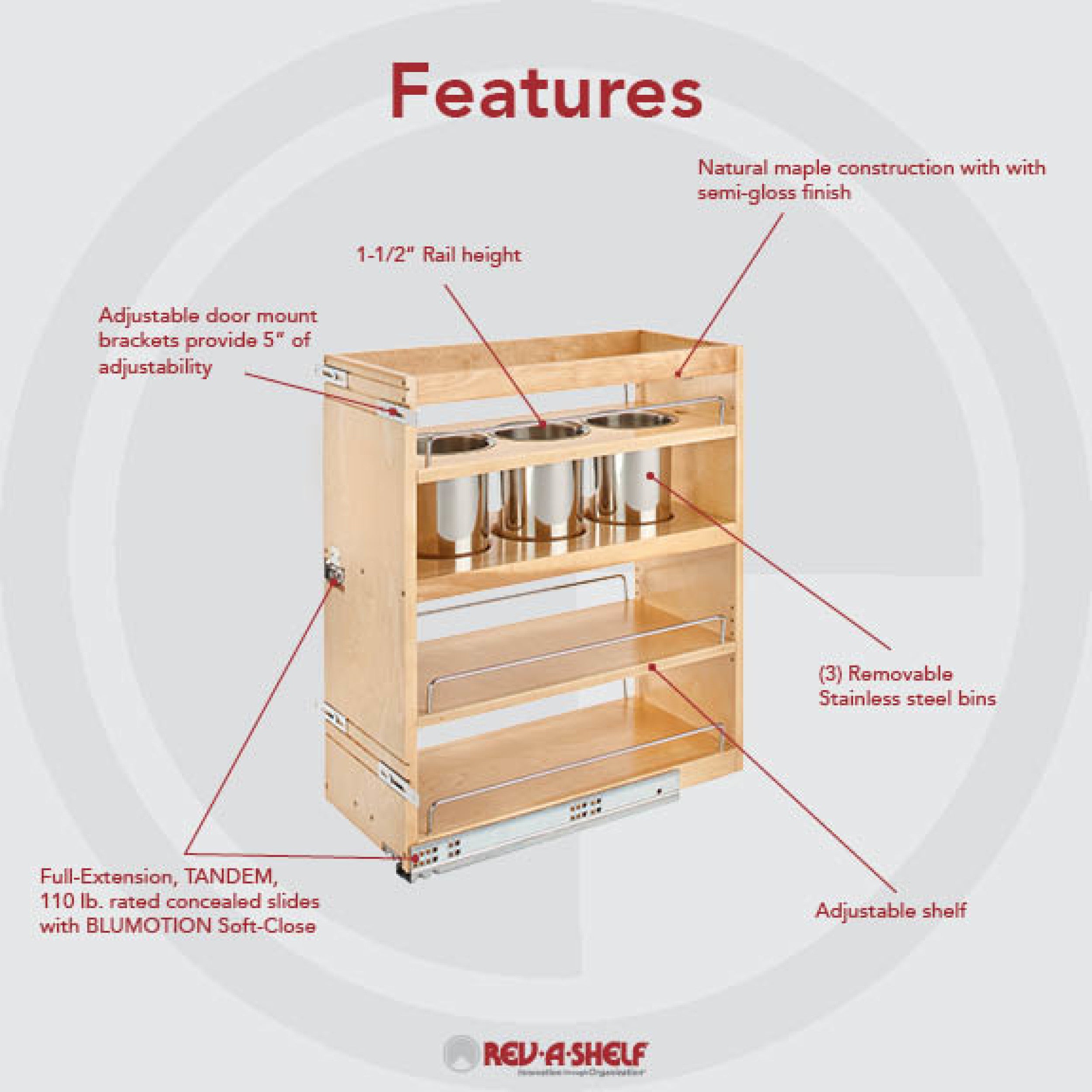 10.5 in Base Cabinet Organizer w/ 3 Utensil Bins Natural  10.5 in (267 mm) W x 21.81 in (554 mm) D x 25.25 in (641 mm) H
