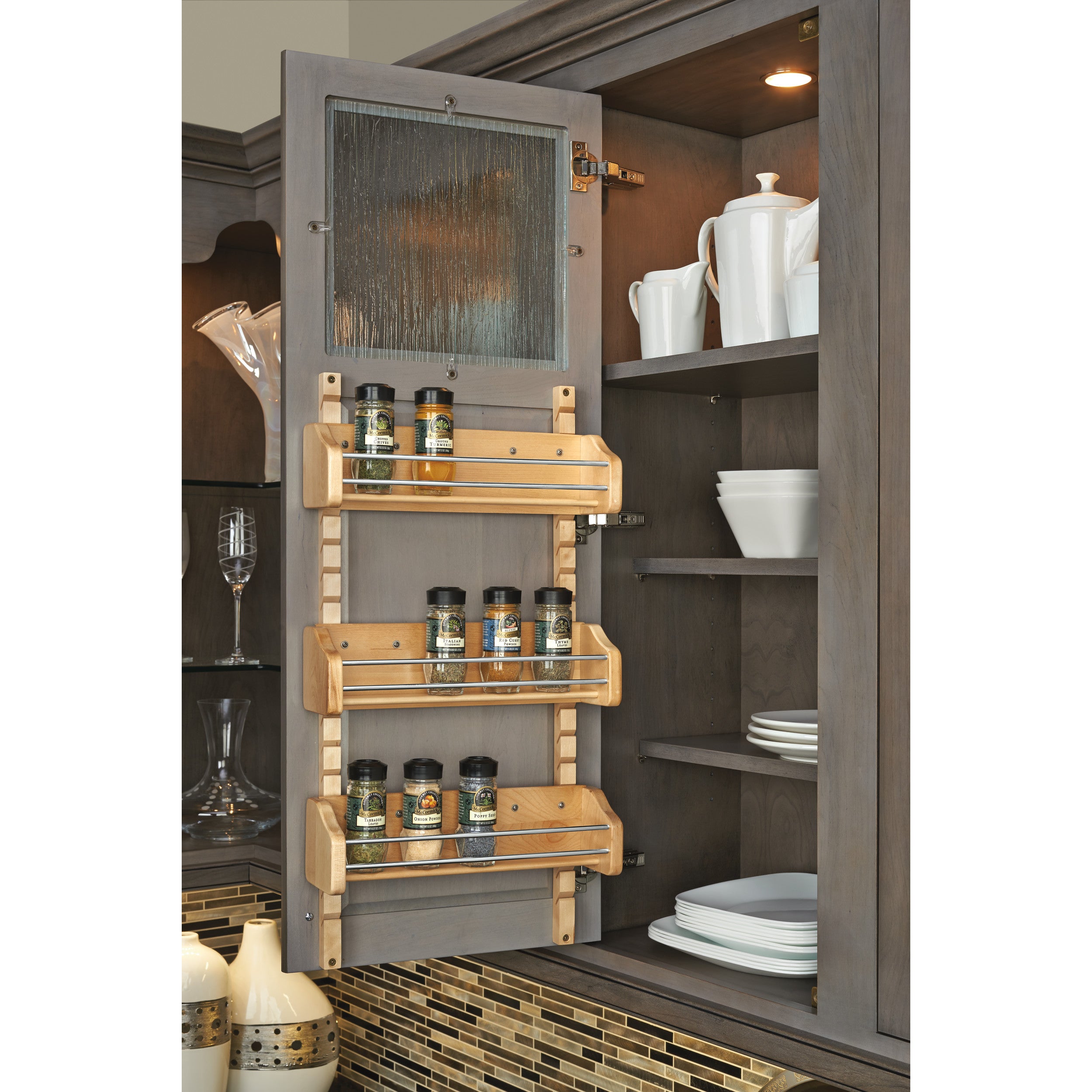Small Adjustable Door mount Spice Rack Natural with 3 bins 10.13 in (257 mm) W x 4 in (102 mm) D x 25 in (635 mm) H