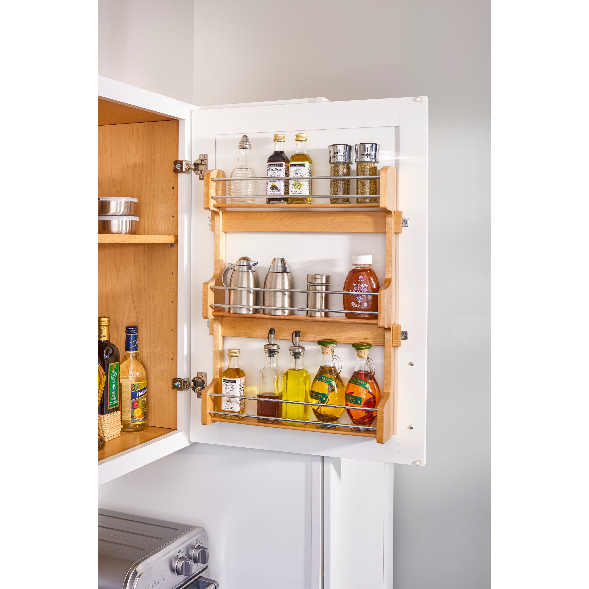 18 in Cabinet Door mount Wood 3-Shelf Spice Rack Natural  13.5 in (343 mm) W x 3.13 in (80 mm) D x 21.25 in (540 mm) H