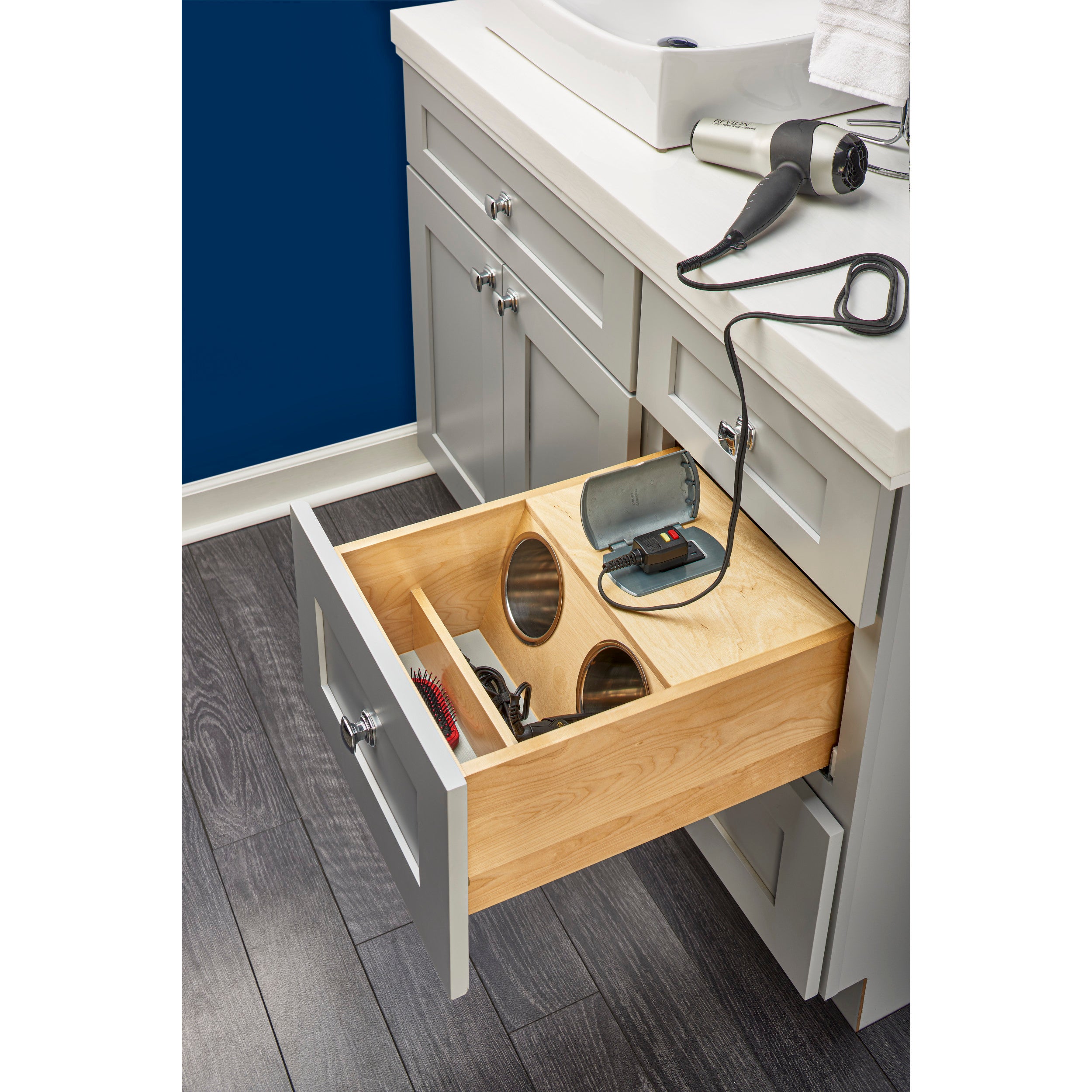 16.5 in Vanity Outlet Drawer Natural for 18".  15 in (381 mm) W x 20.81 in (529 mm) D x 8.93 in (227 mm) H
