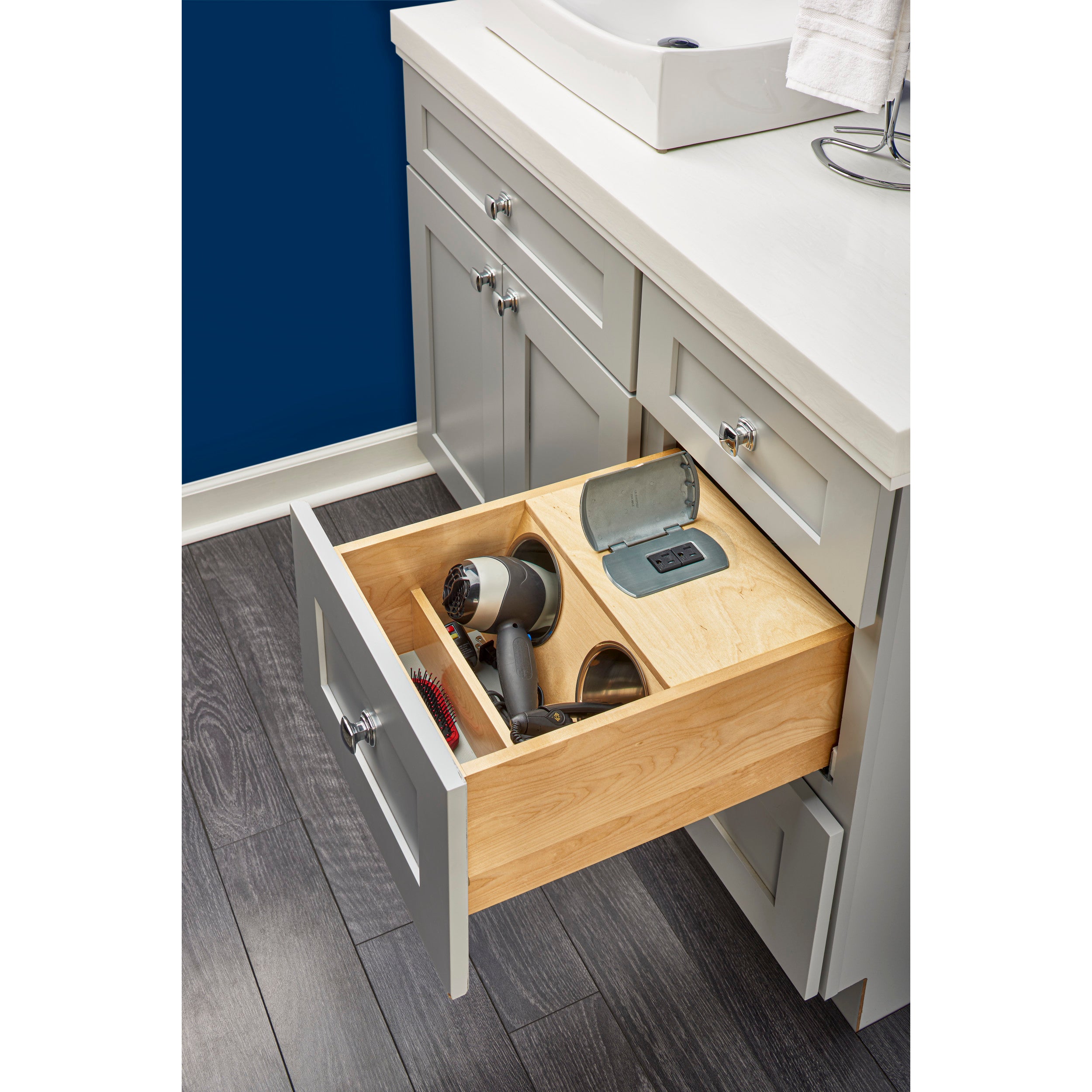 16.5 in Vanity Outlet Drawer Natural for 18".  15 in (381 mm) W x 20.81 in (529 mm) D x 8.93 in (227 mm) H
