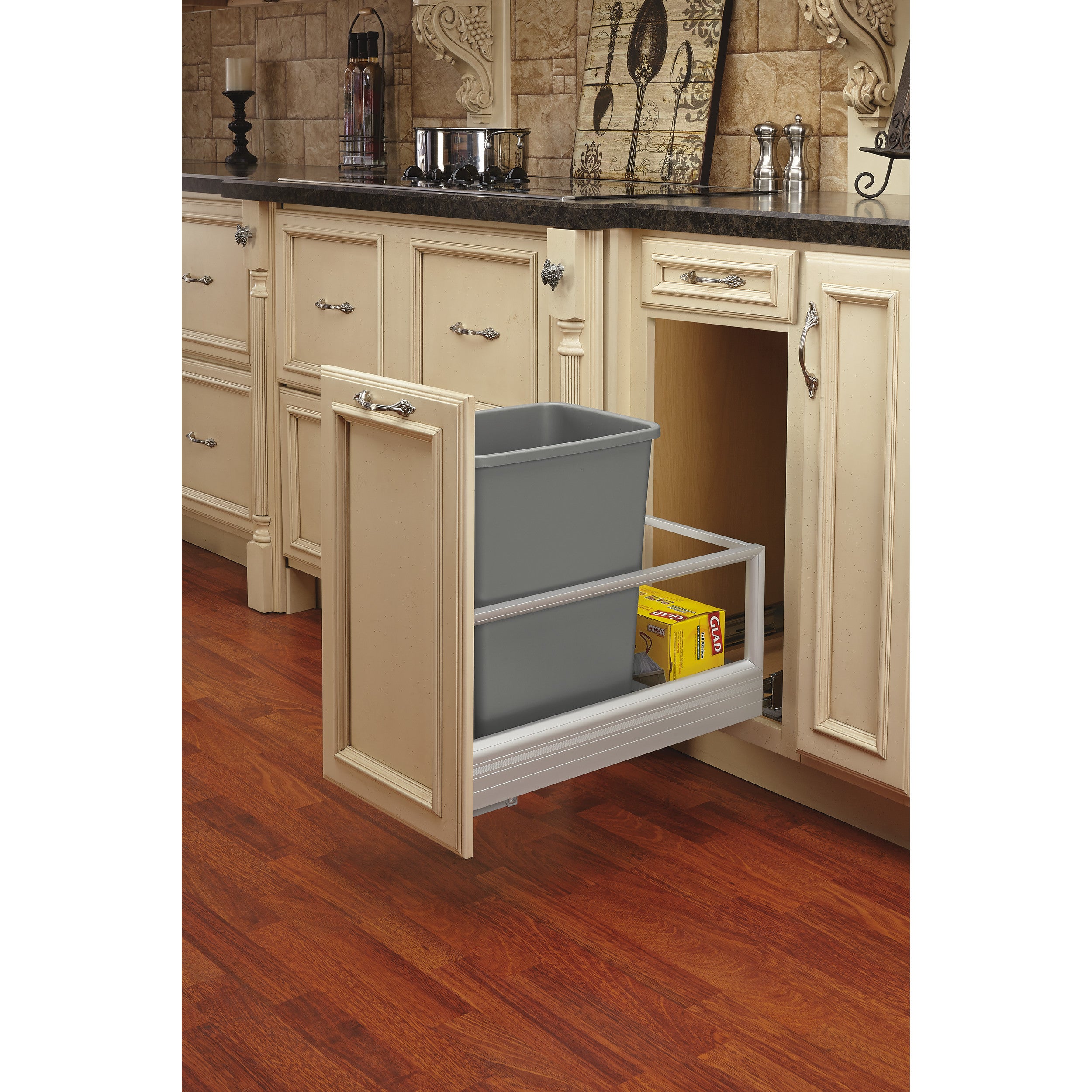35 Qrt Pull-Out Waste Container w/Rev-A-Motion Silver  12.15 in (309 mm) W x 22 in (559 mm) D x 19.5 in (495 mm) H