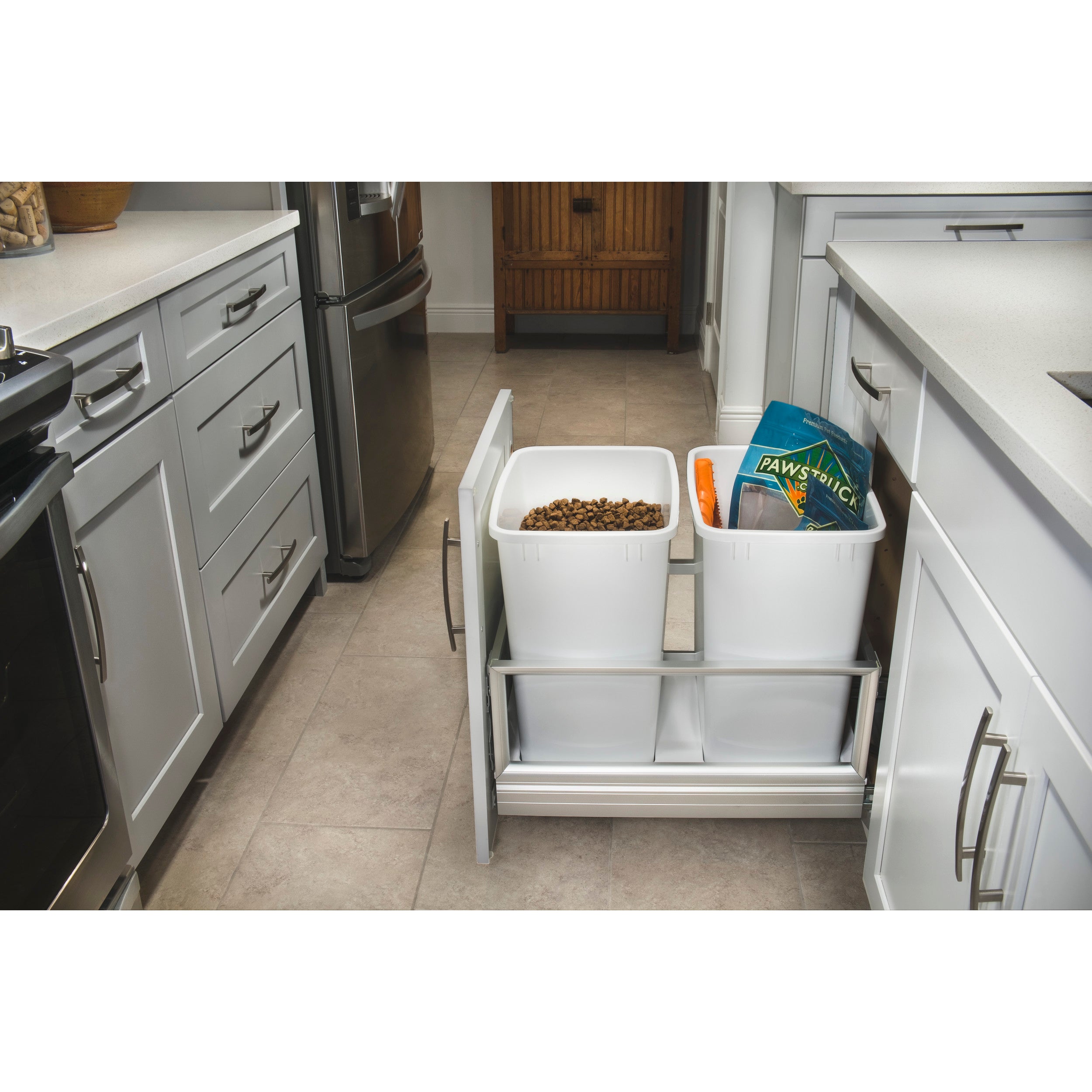 Double 35 Qrt Pull-Out Waste Container w/Rev-A-Motion White  14.19 in (360 mm) W x 22 in (559 mm) D x 19.5 in (495 mm) H