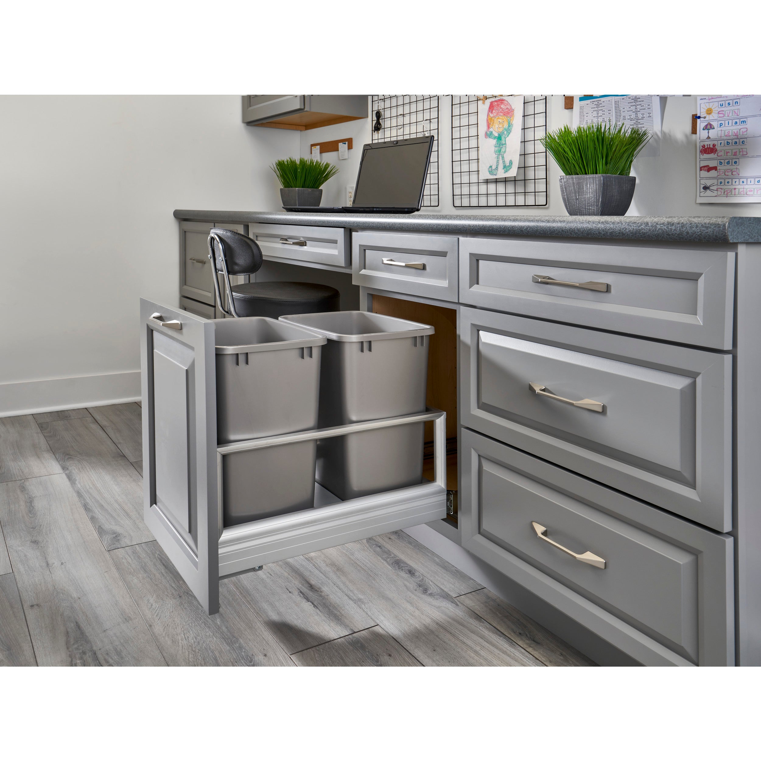 Double 35 Qrt Pull-Out Waste Container w/Rev-A-Motion Silver  14.2 in (361 mm) W x 22 in (559 mm) D x 19.5 in (495 mm) H