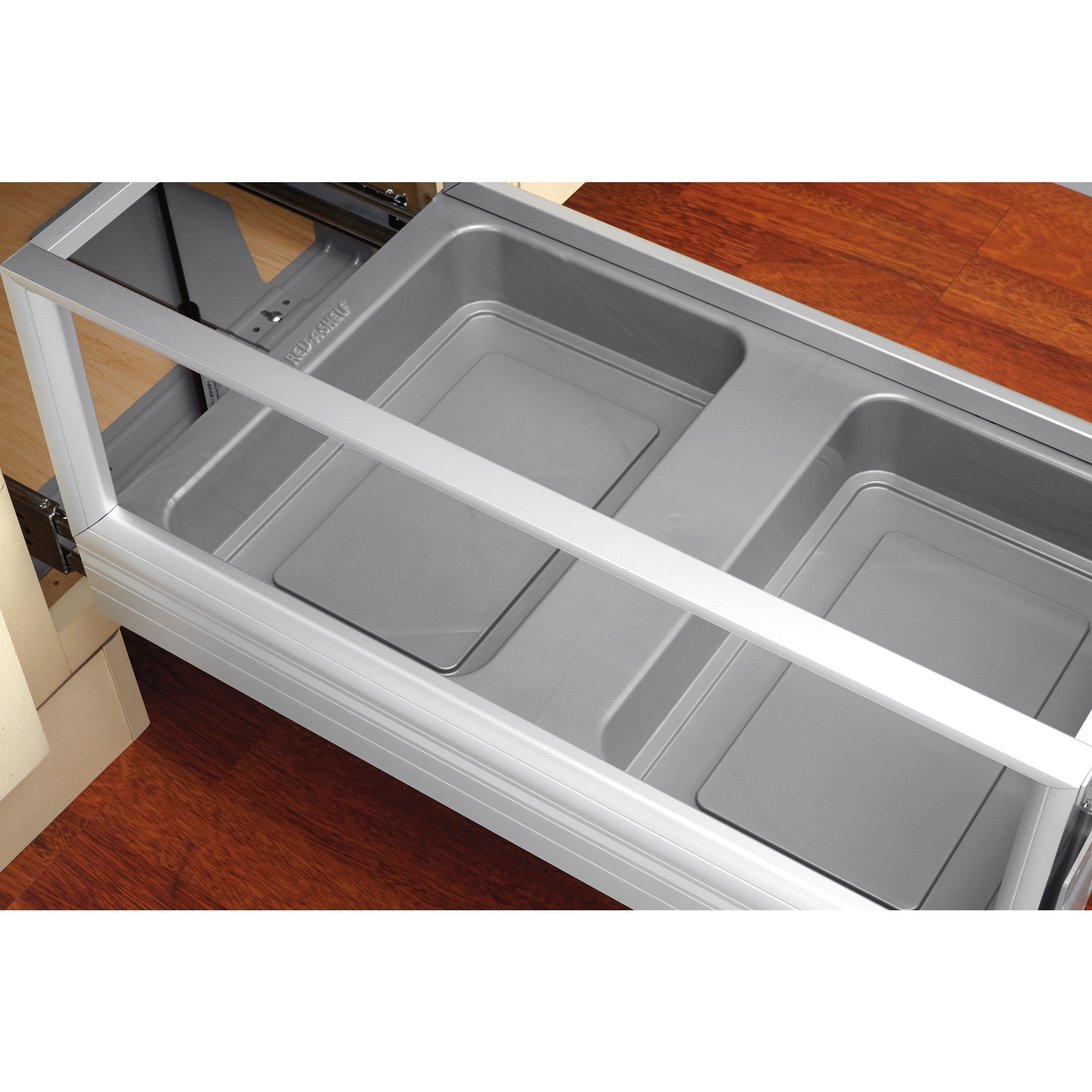 Double 35 Qrt Pull-Out Waste Container w/Rev-A-Motion Silver  14.2 in (361 mm) W x 22 in (559 mm) D x 19.5 in (495 mm) H