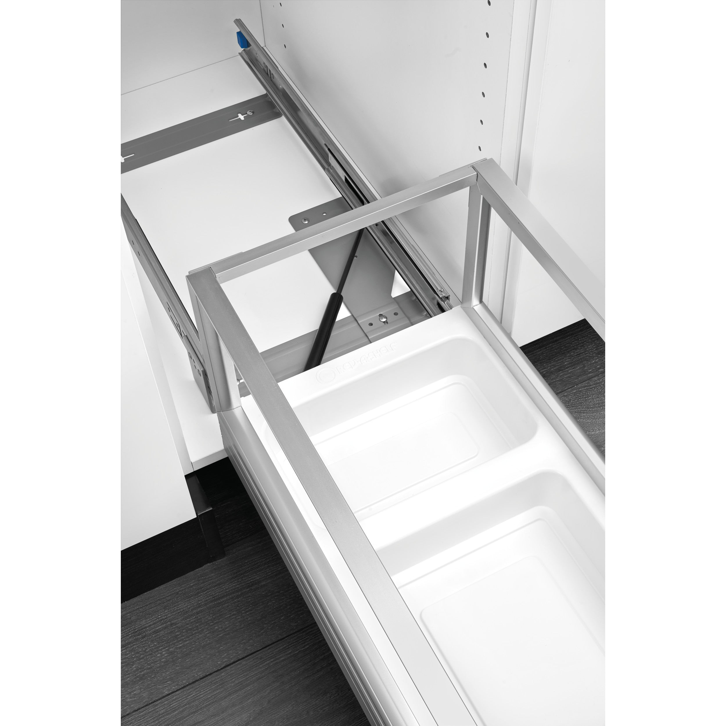 Double 50 Qrt Pull-Out Waste Container w/Rev-A-Motion White  15.63 in (397 mm) W x 22 in (559 mm) D x 23.5 in (597 mm) H