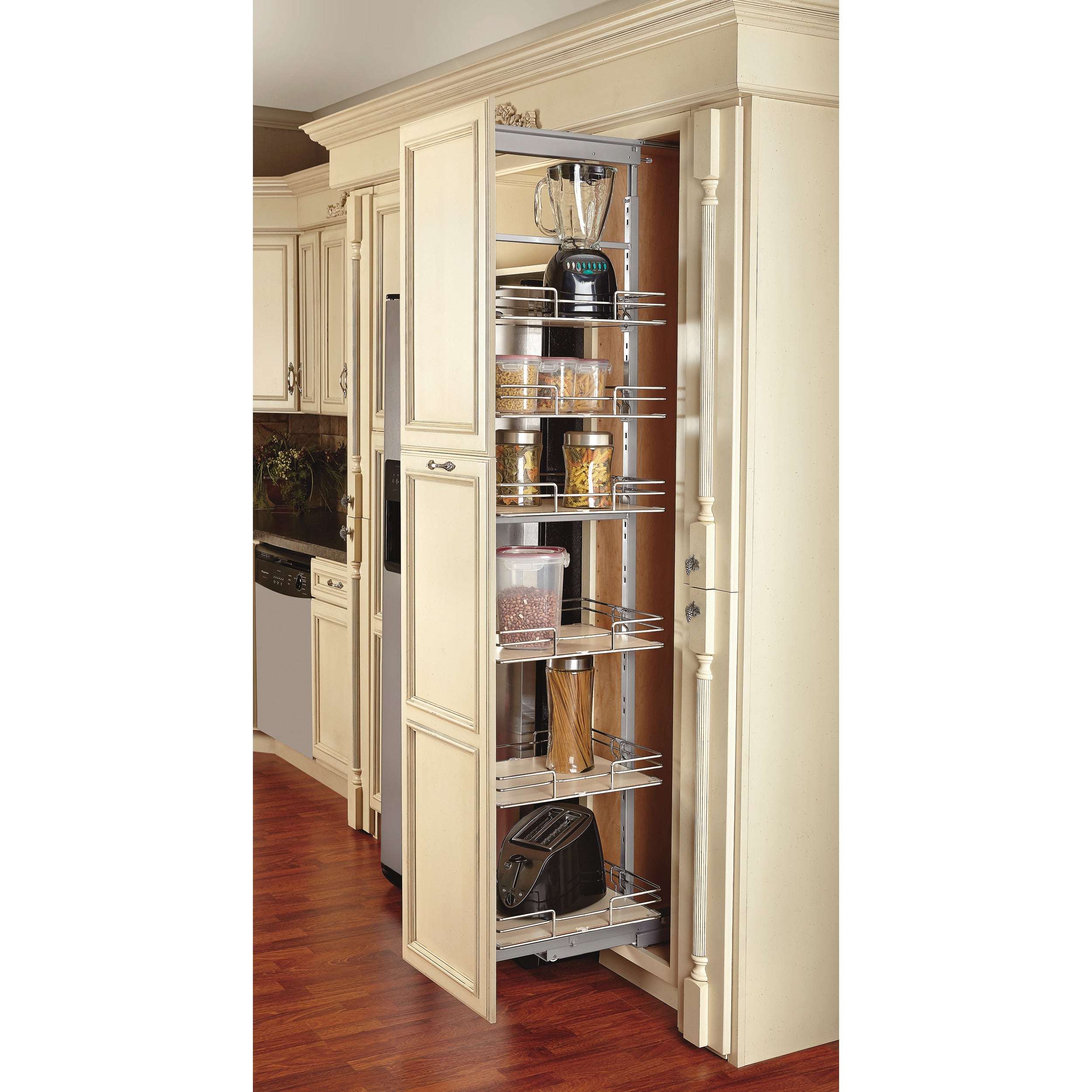 14 in Extra Tall Pullout Maple Pantry w/Soft-Close Chrome  14.5 in (368 mm) W x 19.5 in (495 mm) D x 74.88 in (1902 mm) H