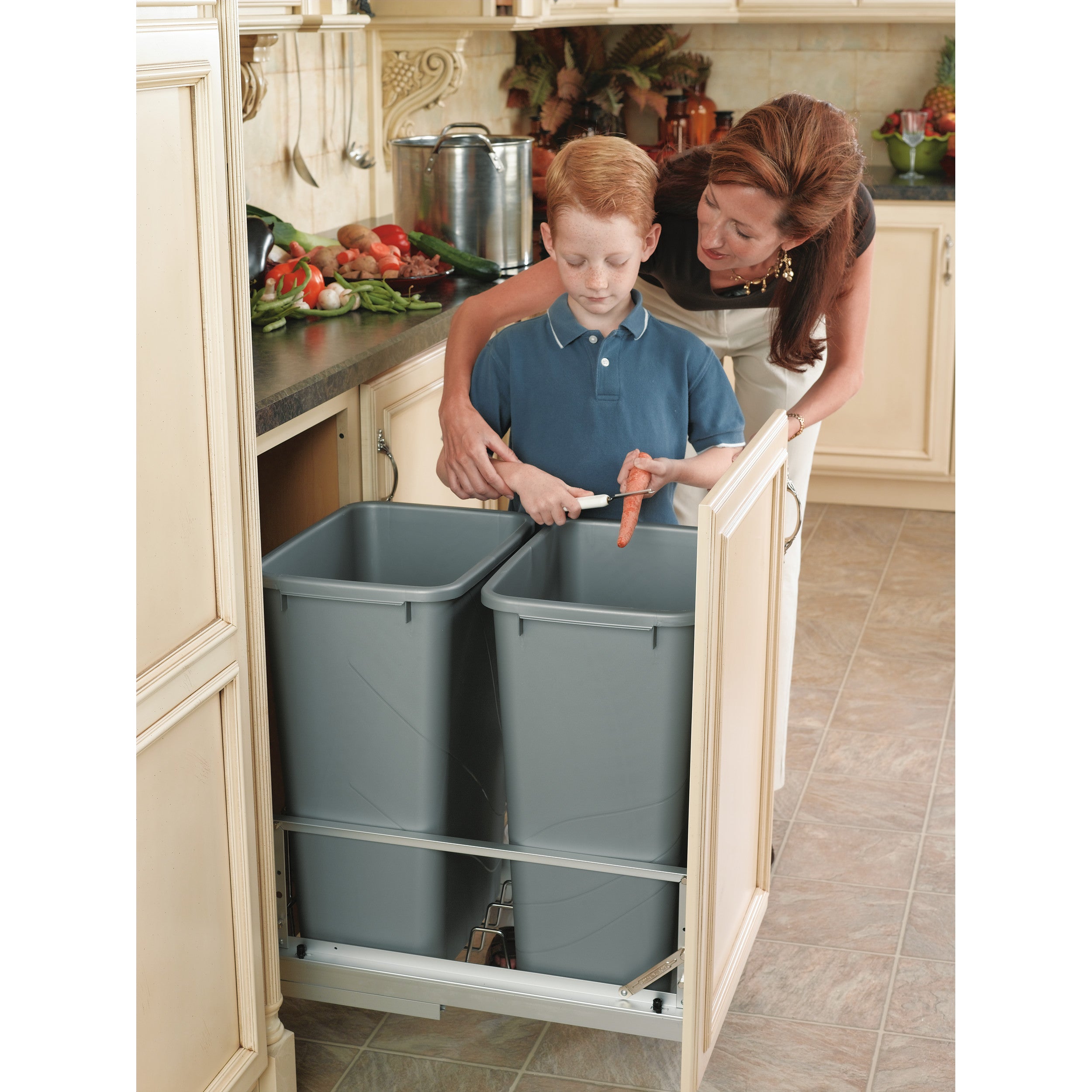 Double 50 Qrt Pull-Out Waste Containers Silver  14.81 in (376 mm) W x 22.13 in (562 mm) D x 22.94 in (583 mm) H