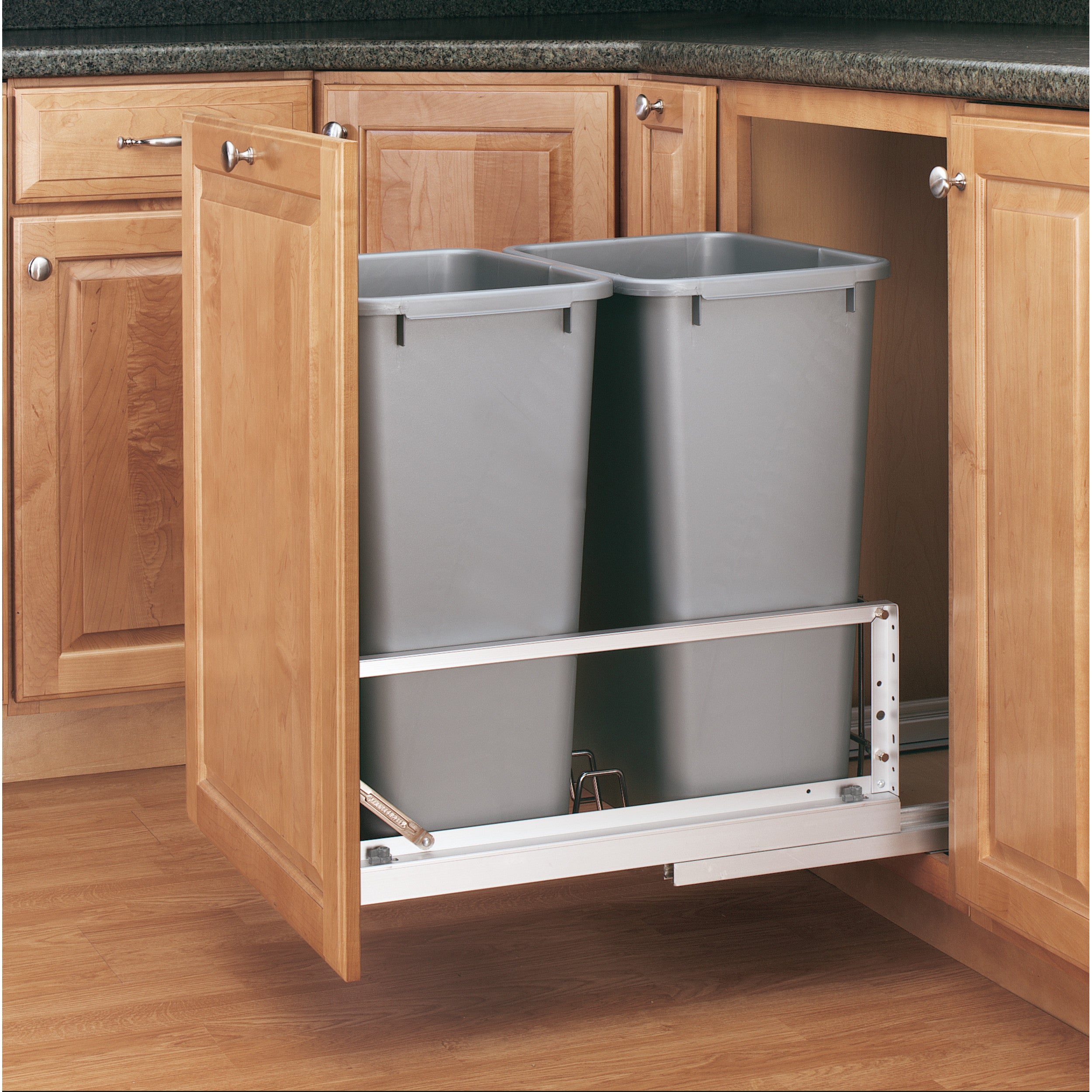 Double 50 Qrt Pull-Out Waste Containers Silver  14.81 in (376 mm) W x 22.13 in (562 mm) D x 22.94 in (583 mm) H
