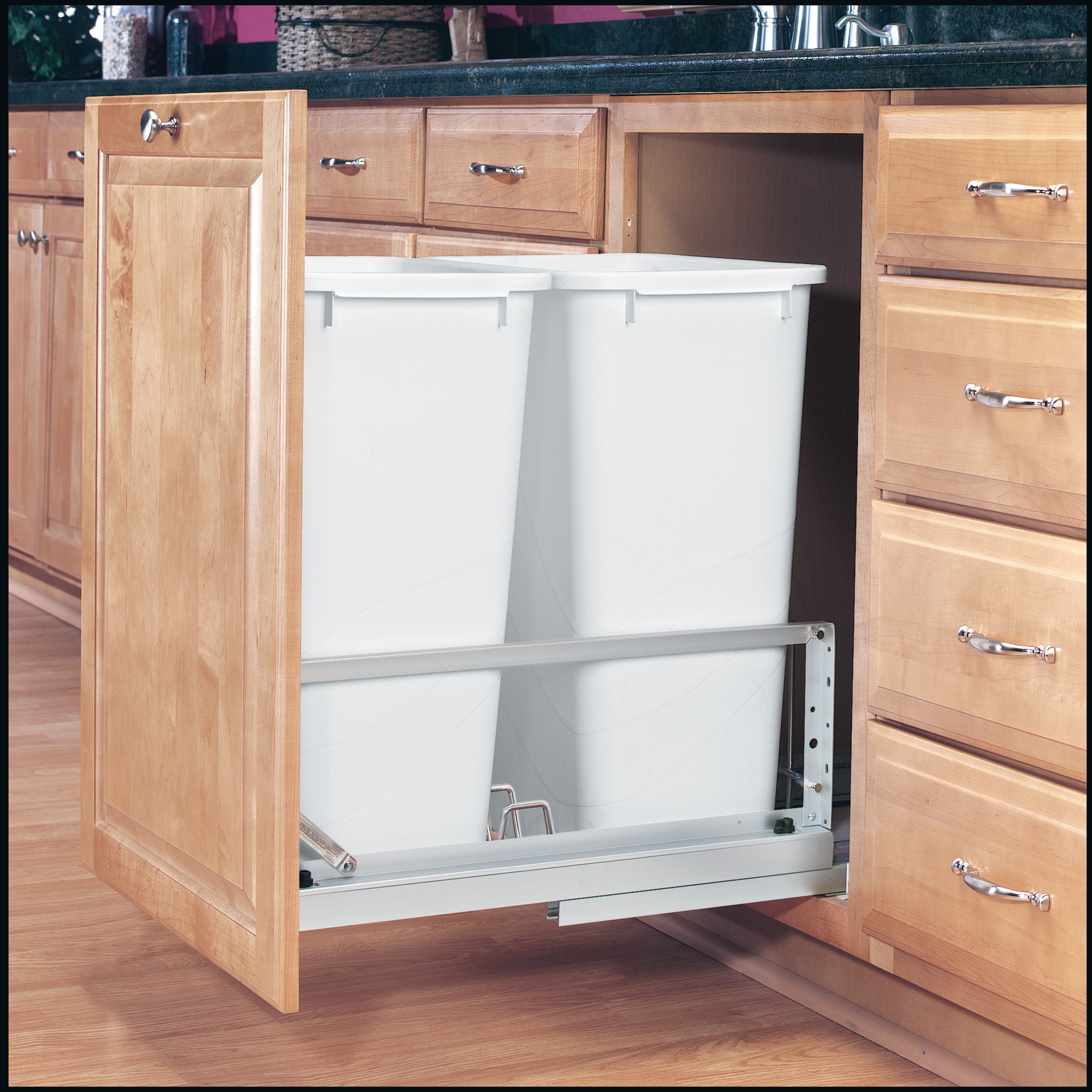 Aluminum  Pull Out Double Trash/Waste Container for Full Height Cabinets w/Soft Close