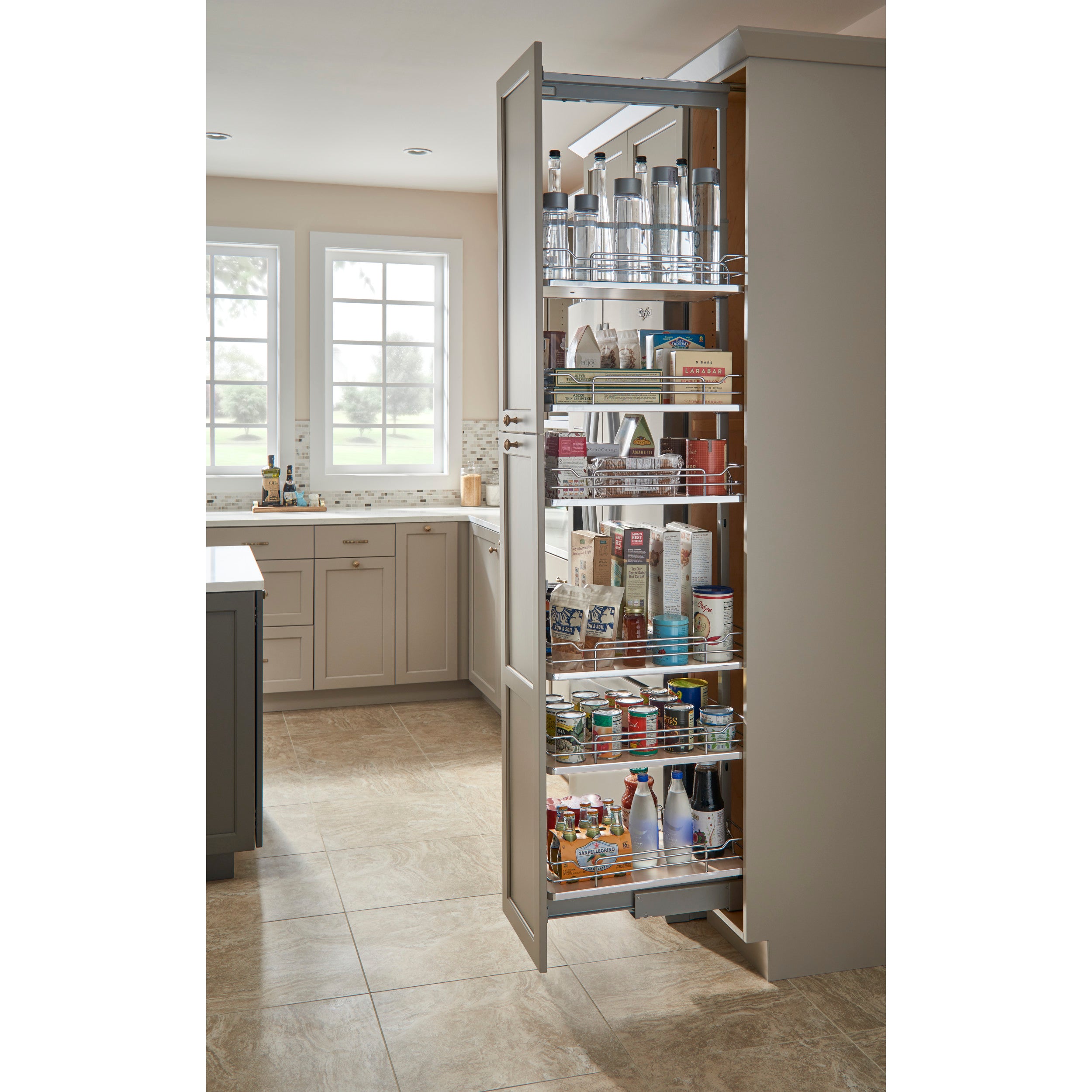 10 in Chrome Solid Bottom Pantry Pullout Soft Close Gray  10.25 in (260 mm) W x 21.69 in (551 mm) D x 58.25 in (1480 mm) H