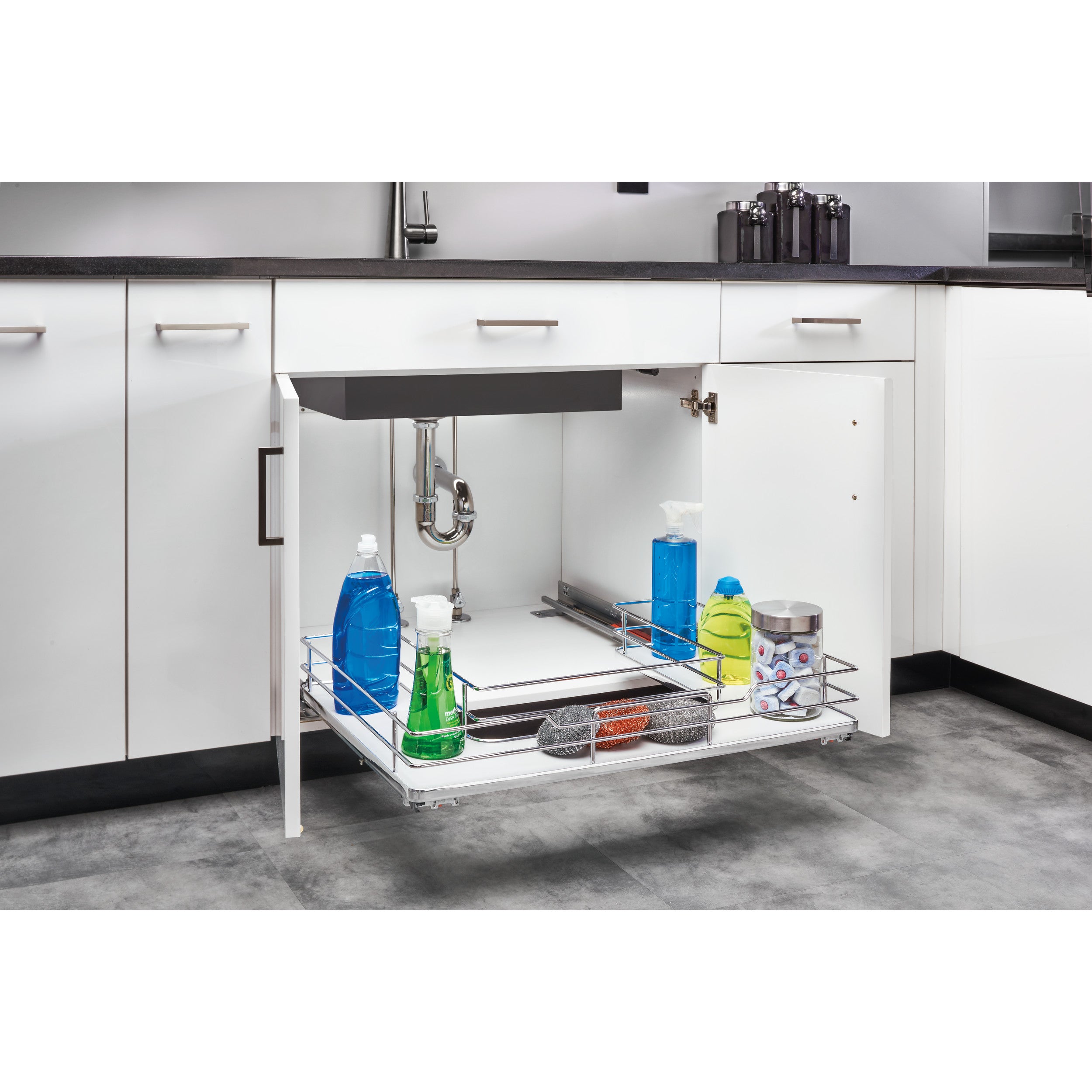 33 in Chrome U-Shaped Solid Bottom Pull Out w/Soft-Close Gray  32.5 in (826 mm) W x 22 in (559 mm) D x 5.25 in (133 mm) H