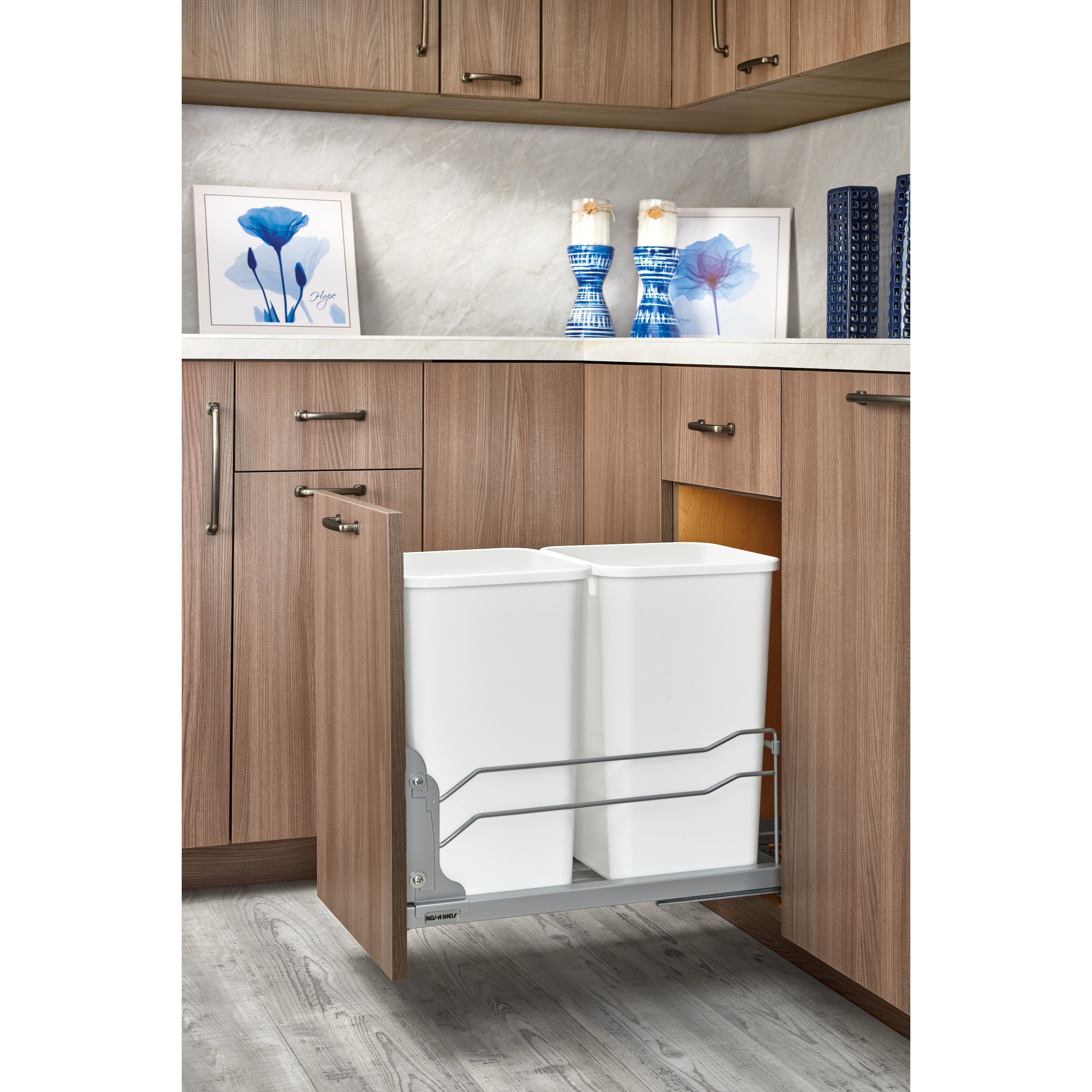 Double 27 Qrt Pull-Out Waste Container Soft-Close White  11.26 in (286 mm) W x 22.09 in (561 mm) D x 18.94 in (481 mm) H