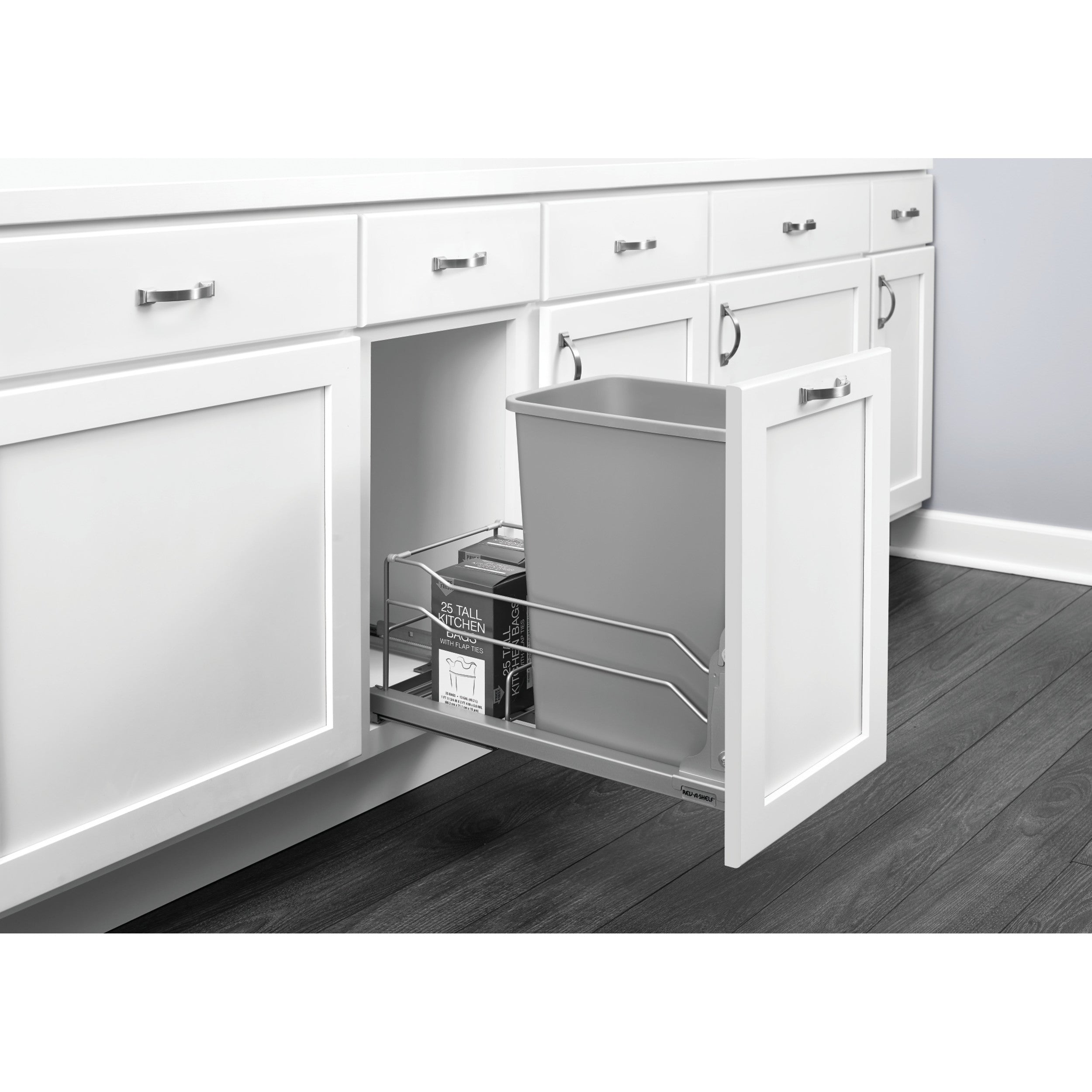 35 Qrt Pull-Out Waste Container Soft-Close Metallic Silver  10.88 in (276 mm) W x 22.25 in (565 mm) D x 18.94 in (481 mm) H