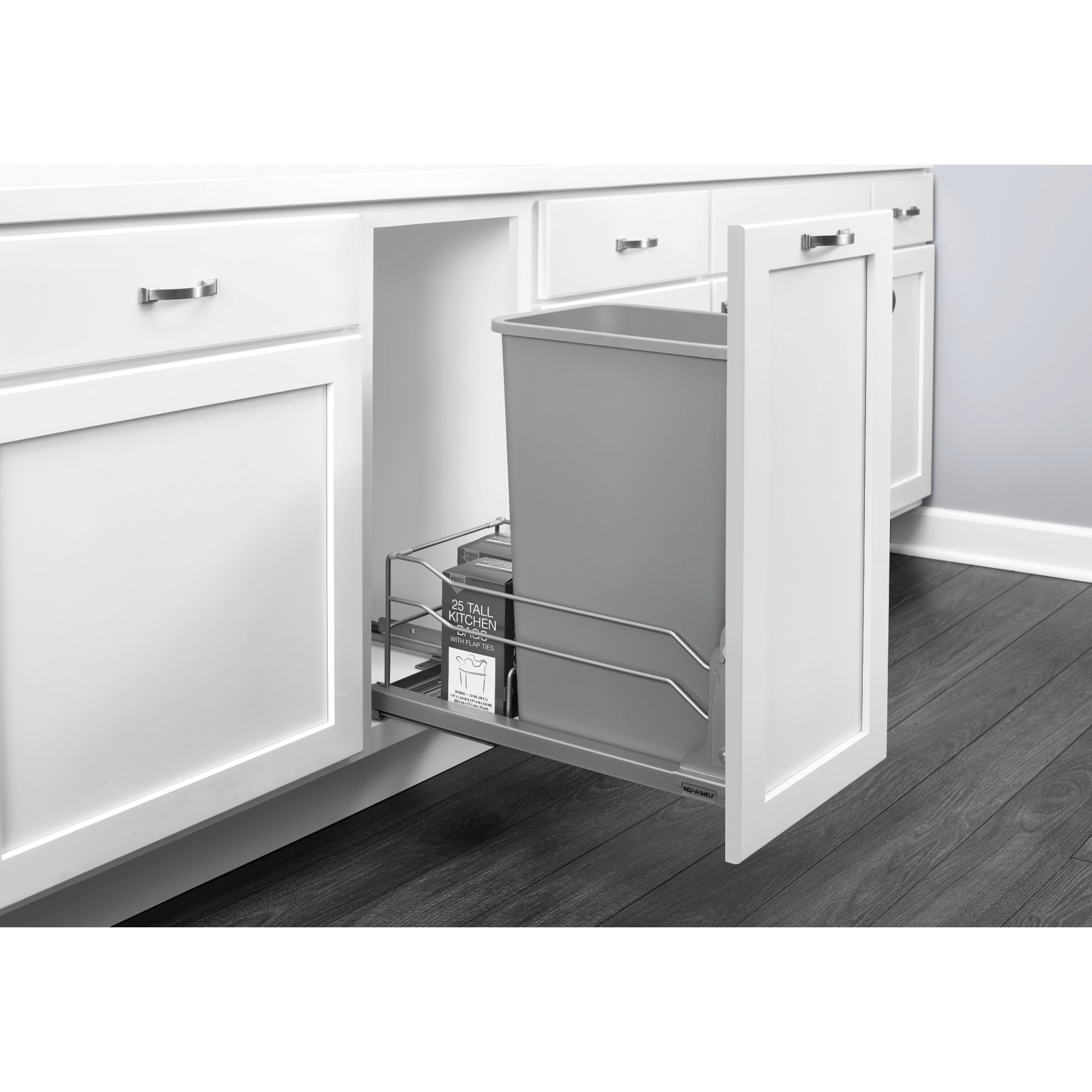 50 Qrt Pull-Out Waste Container Soft-Close Metallic Silver  10.88 in (276 mm) W x 22.25 in (565 mm) D x 22.88 in (581 mm) H