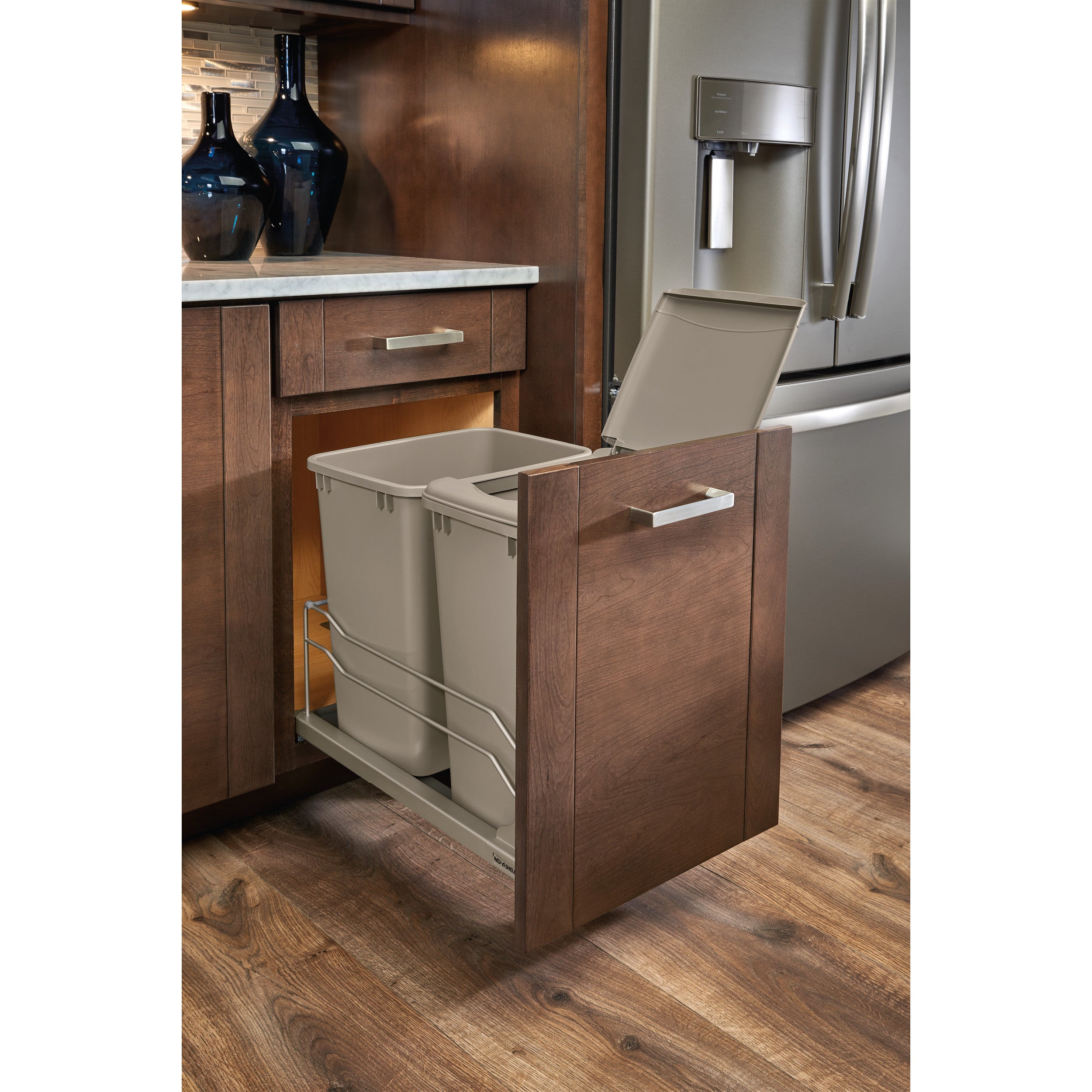 Double 35 Qrt Pull-out Waste Container Soft-Close Champagne  14.38 in (365 mm) W x 22.25 in (565 mm) D x 19 in (483 mm) H