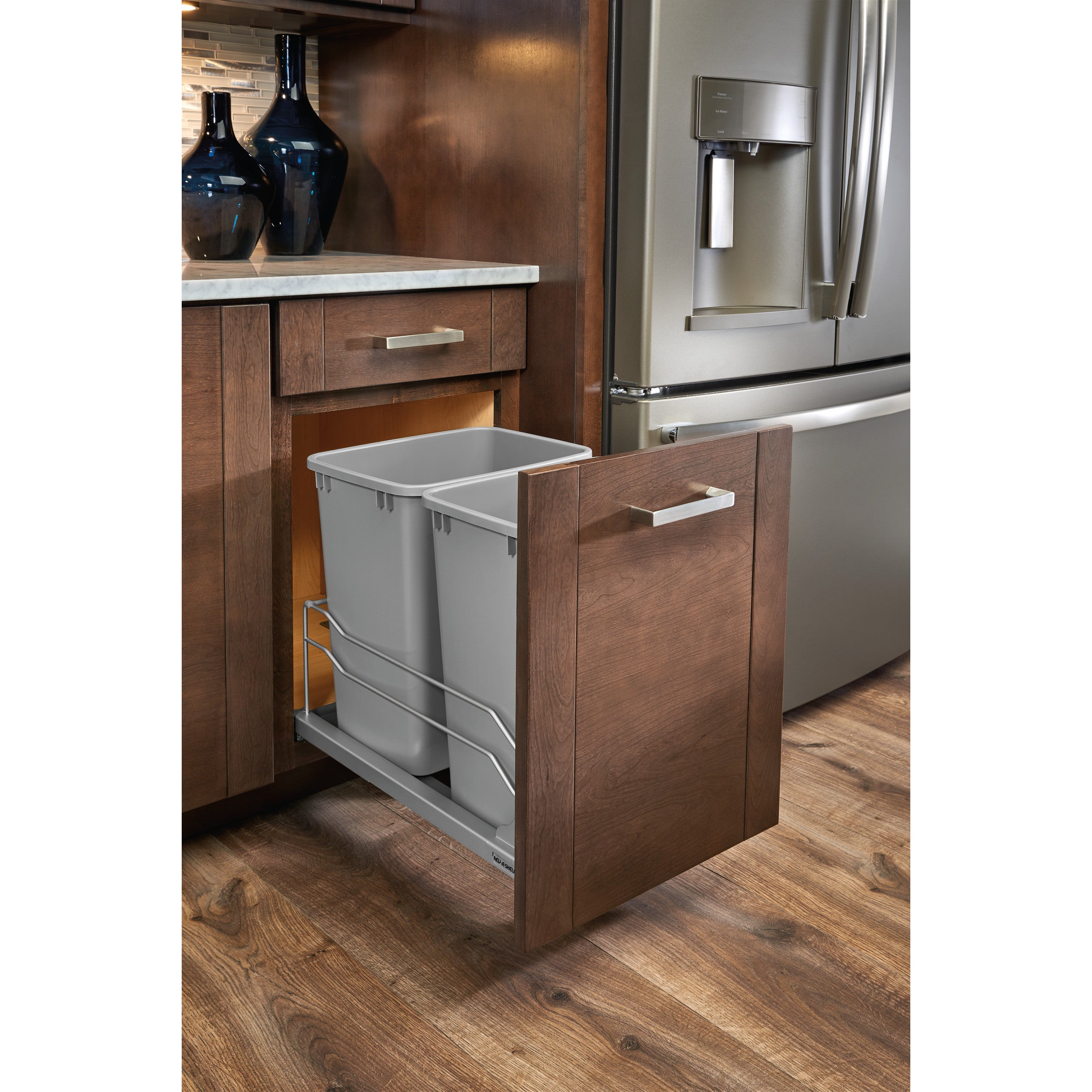 Double 35 Qrt Pull-out Waste Container Soft-Close Metallic Silver  14.38 in (365 mm) W x 22.25 in (565 mm) D x 19 in (483 mm) H