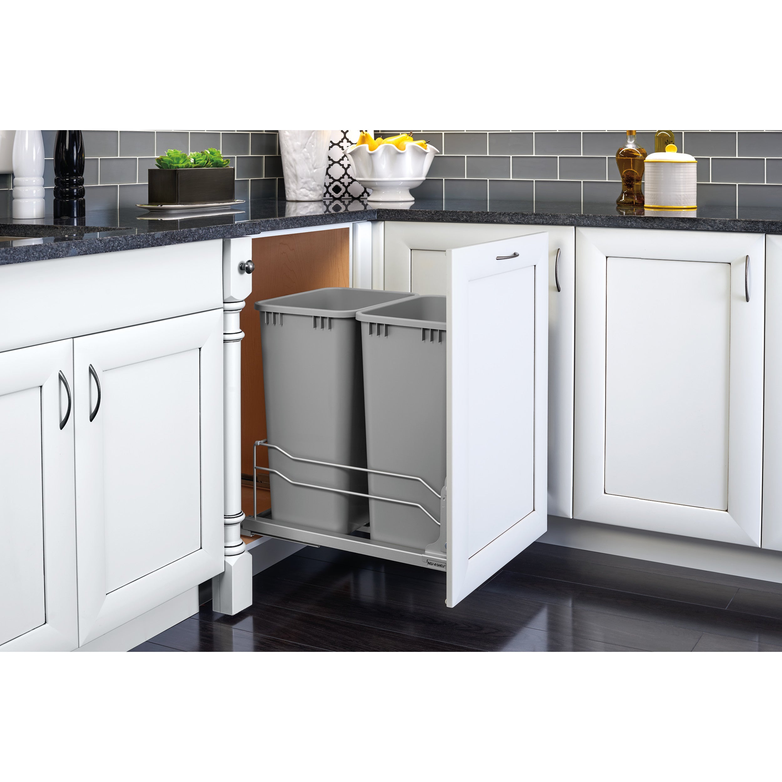 Double 50 Qrt Pull-out Waste Container Soft-Close Metallic Silver  14.75 in (375 mm) W x 22.25 in (565 mm) D x 22.88 in (581 mm) H