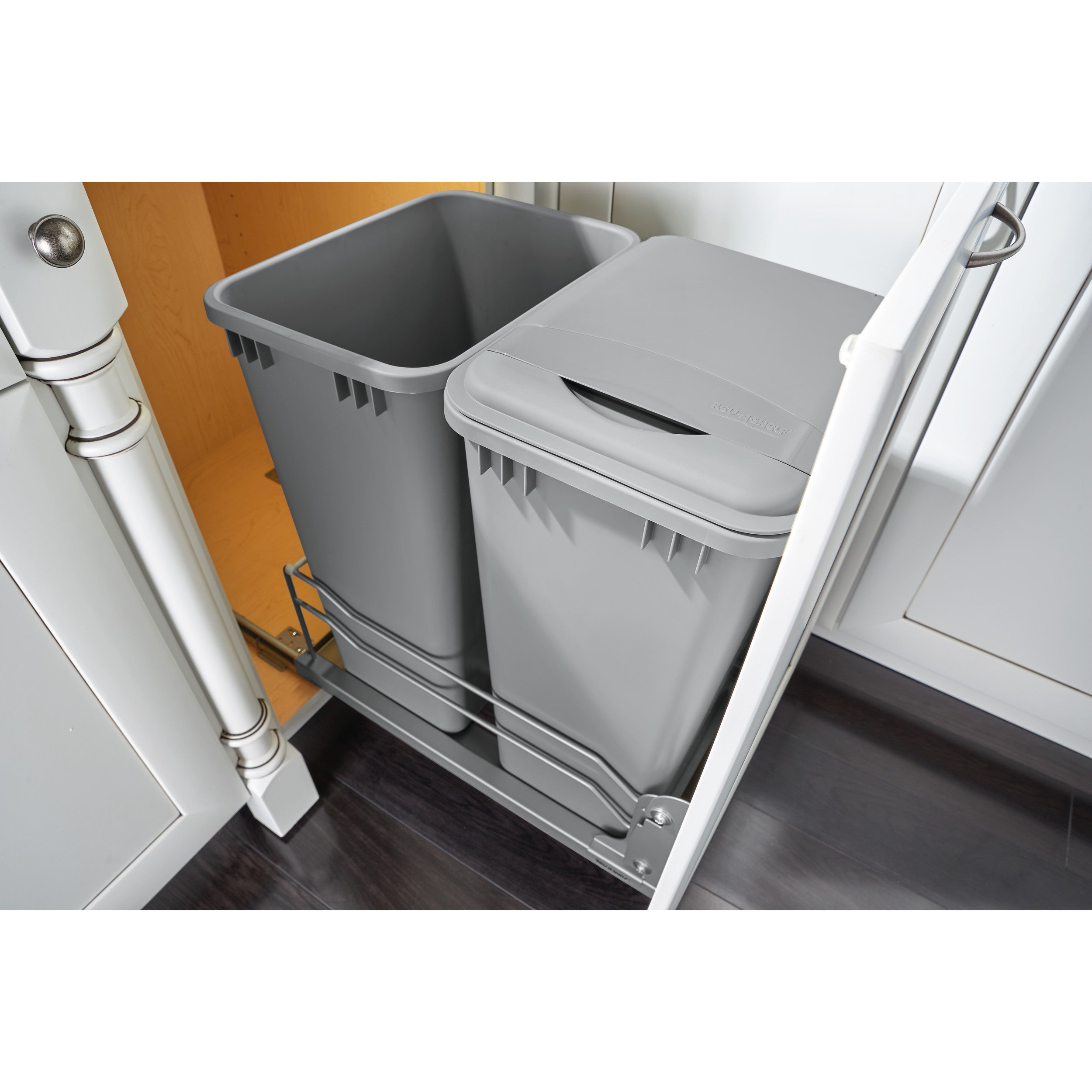 Double 50 Qrt Pull-out Waste Container Soft-Close Metallic Silver  14.75 in (375 mm) W x 22.25 in (565 mm) D x 22.88 in (581 mm) H