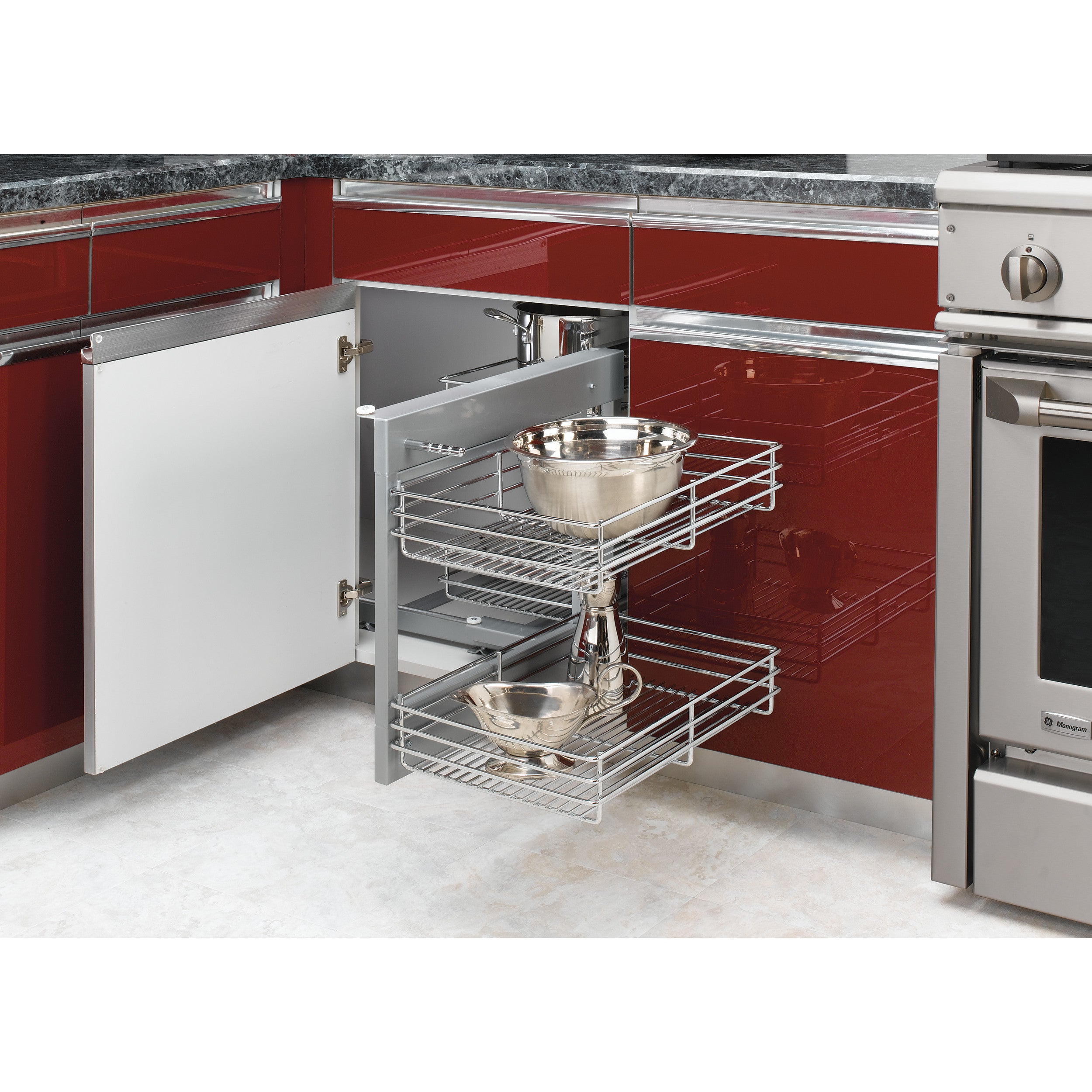 15 in Chrome Blind Corner Organizer Chrome  26.25 in (667 mm) W x 20.25 in (514 mm) D x 20.88 in (530 mm) H