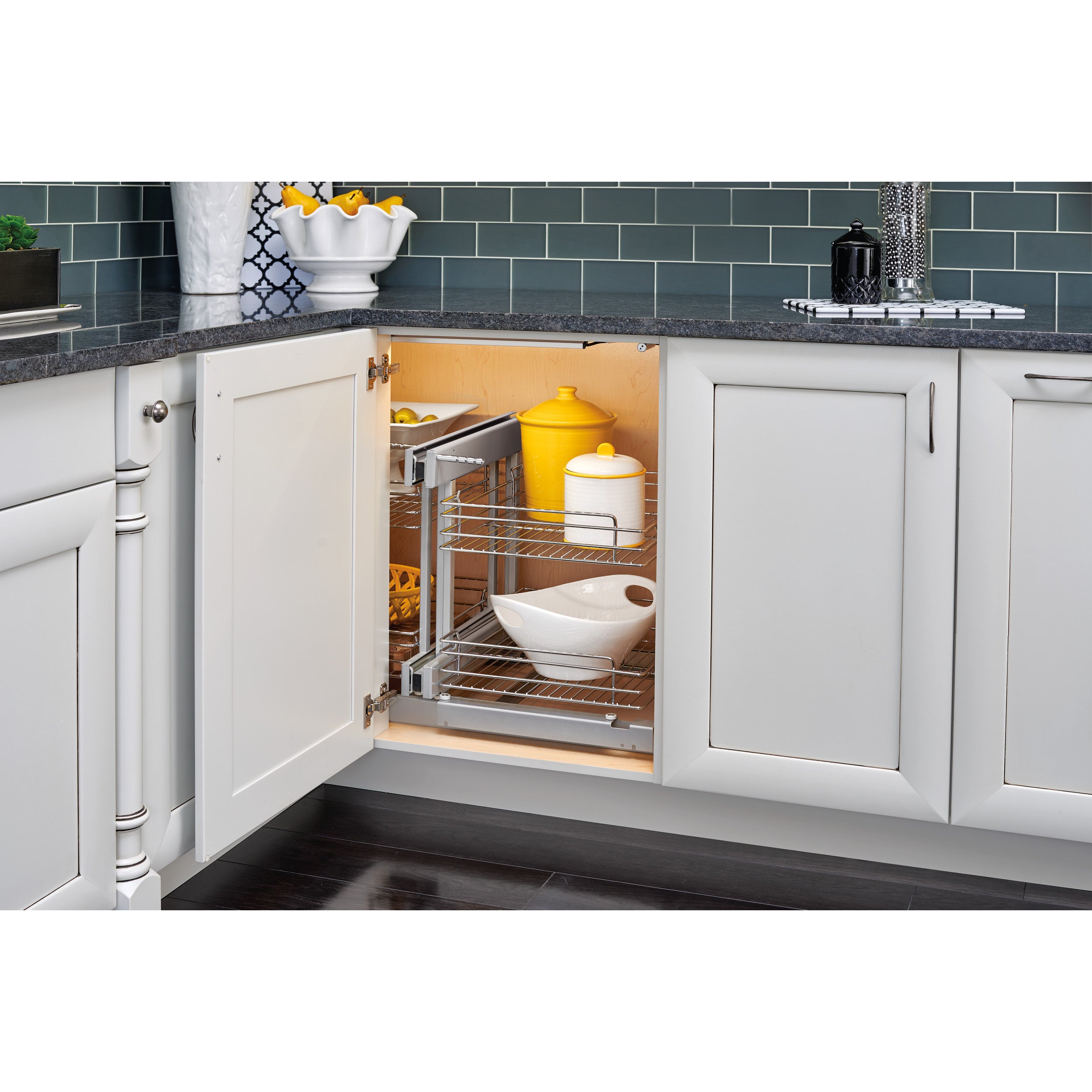 15 in Chrome Blind Corner Organizer Soft-Close Chrome  26.25 in (667 mm) W x 20.25 in (514 mm) D x 20.88 in (530 mm) H