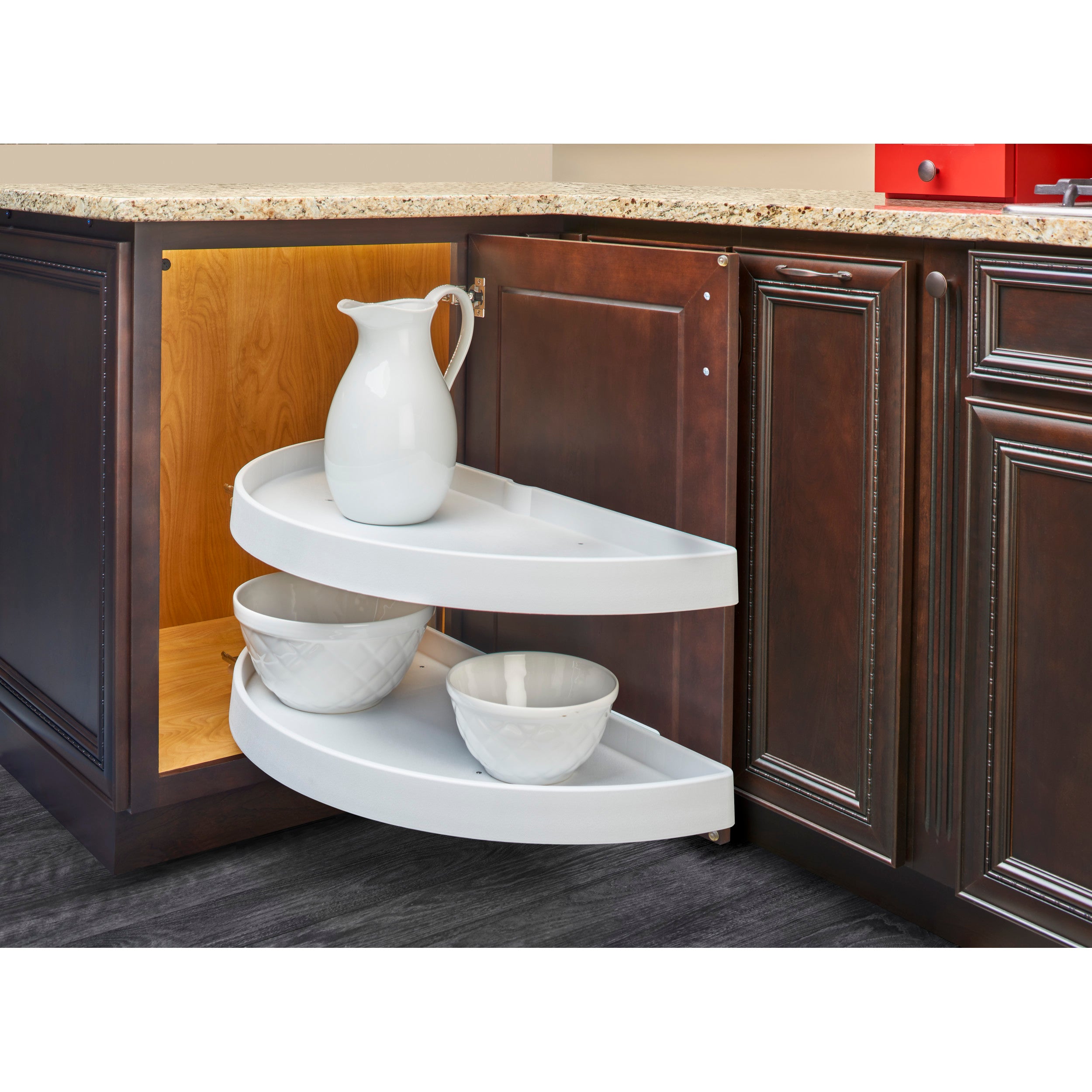 31 in Polymer Two-Tier Half Moon Susans White  31 in (787 mm) W x 15.5 in (394 mm) D x 15.88 in (403 mm) H