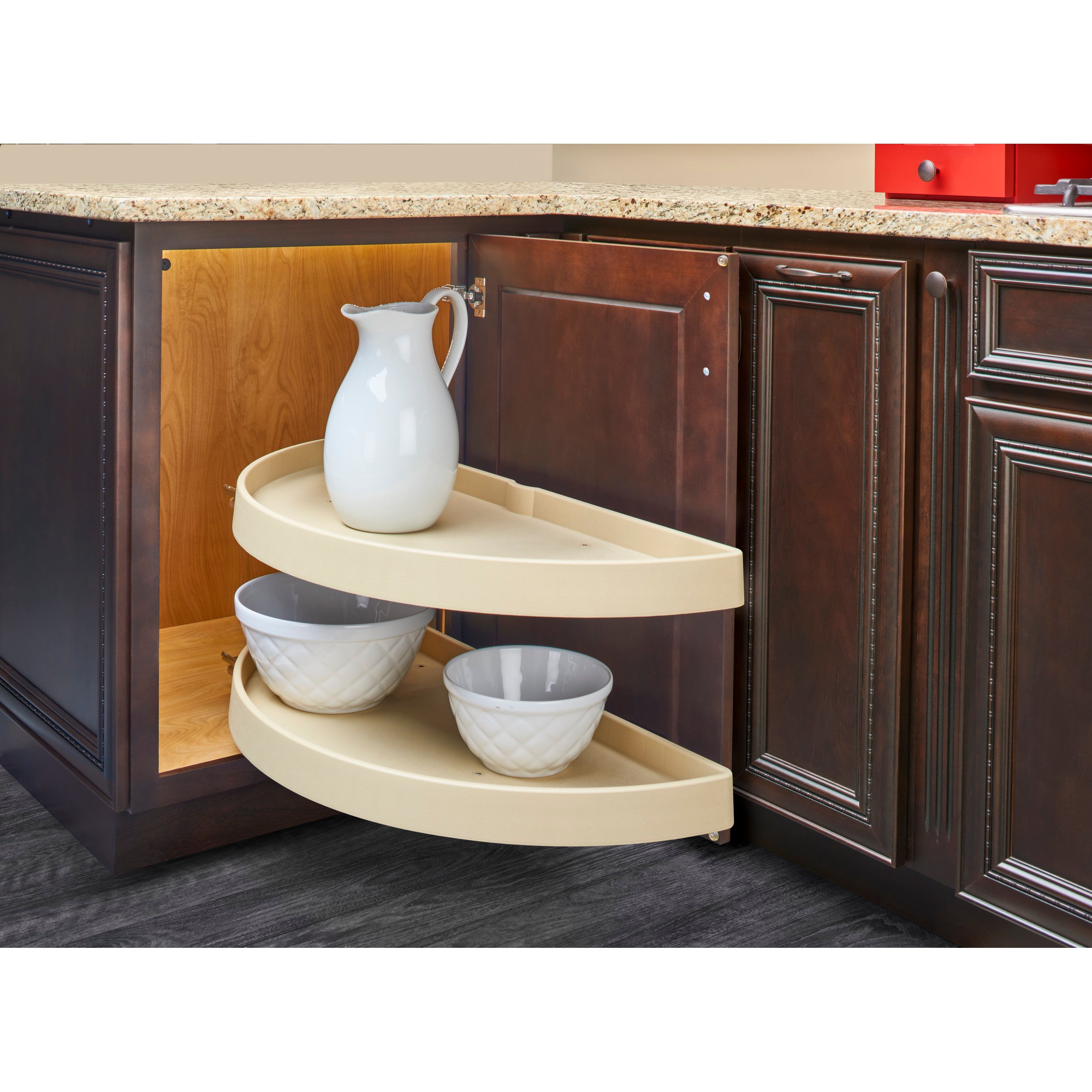 31 in Polymer Two-Tier Half Moon Susans Almond  31 in (787 mm) W x 15.5 in (394 mm) D x 15.88 in (403 mm) H